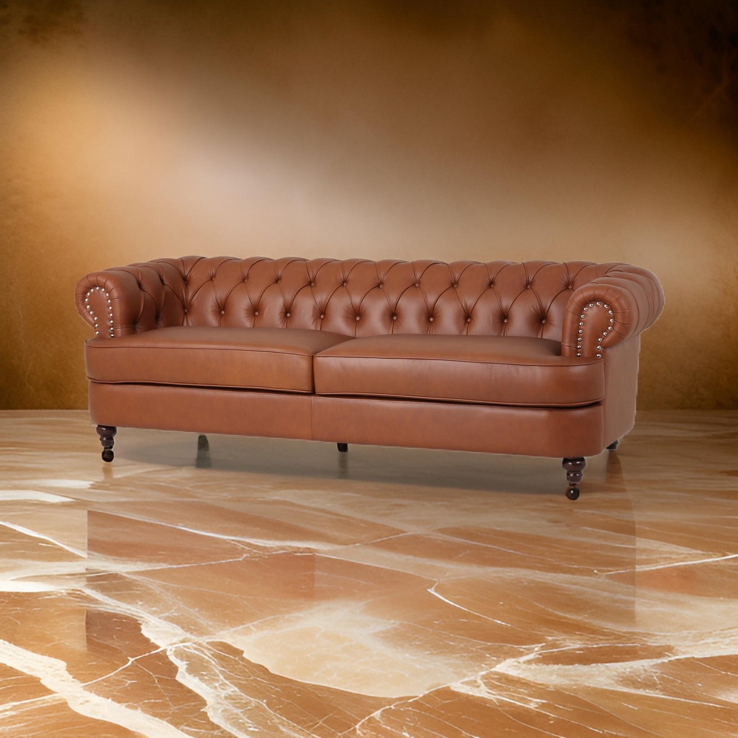 Vian 95 Inch 3 Seater Sofa, Tufted Cognac Brown Faux Leather, Nailhead Trim
