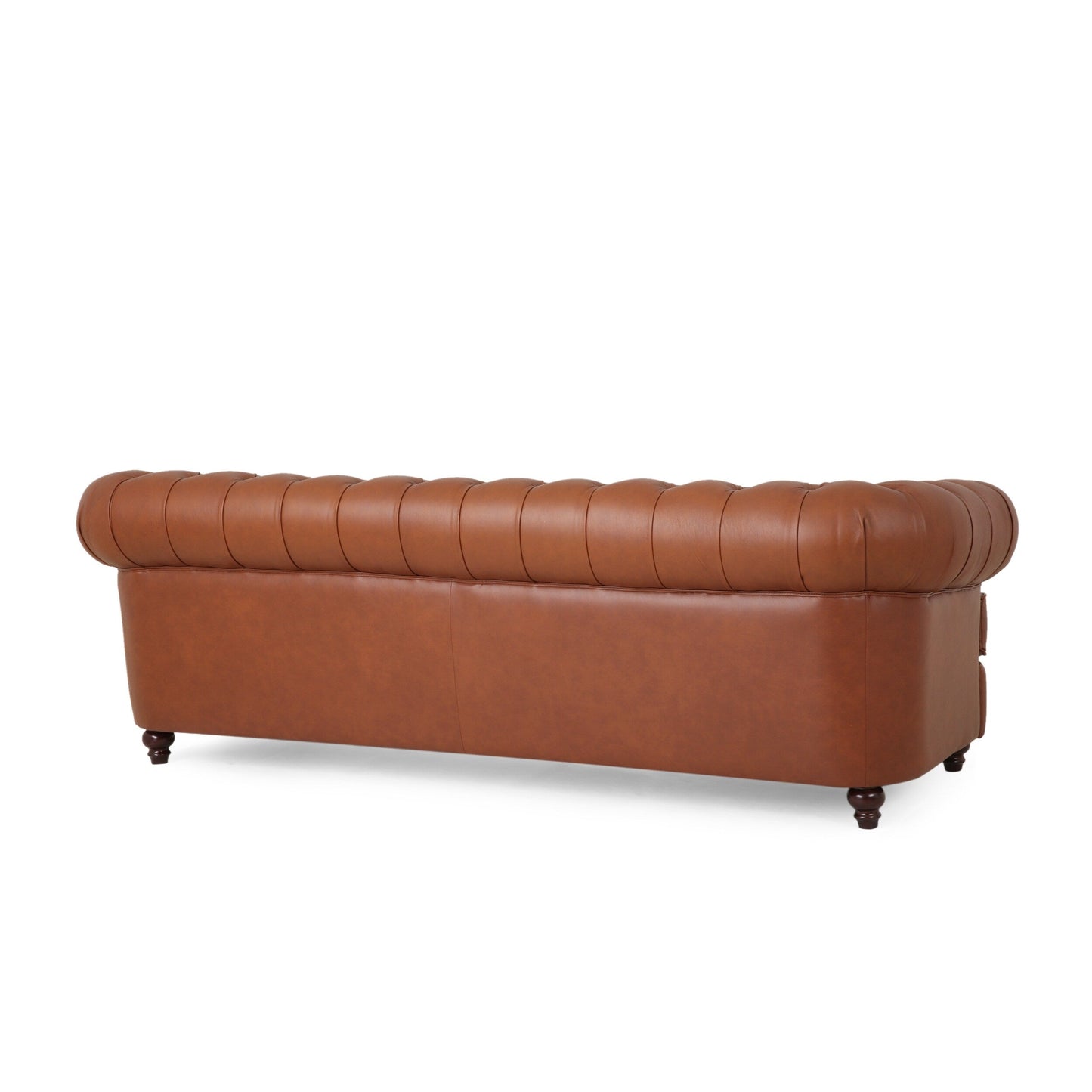 Vian 95 Inch 3 Seater Sofa, Tufted Cognac Brown Faux Leather, Nailhead Trim