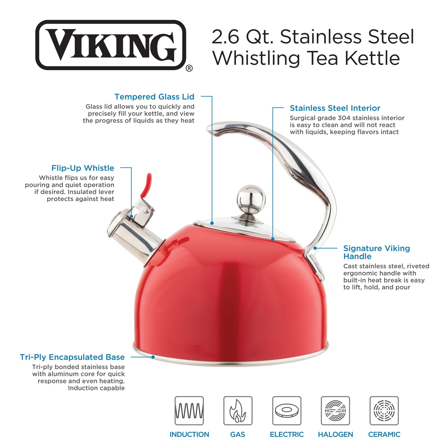 Viking 2,6 Quart roter Edelstahl-Flötenkessel mit 3-lagigem Boden