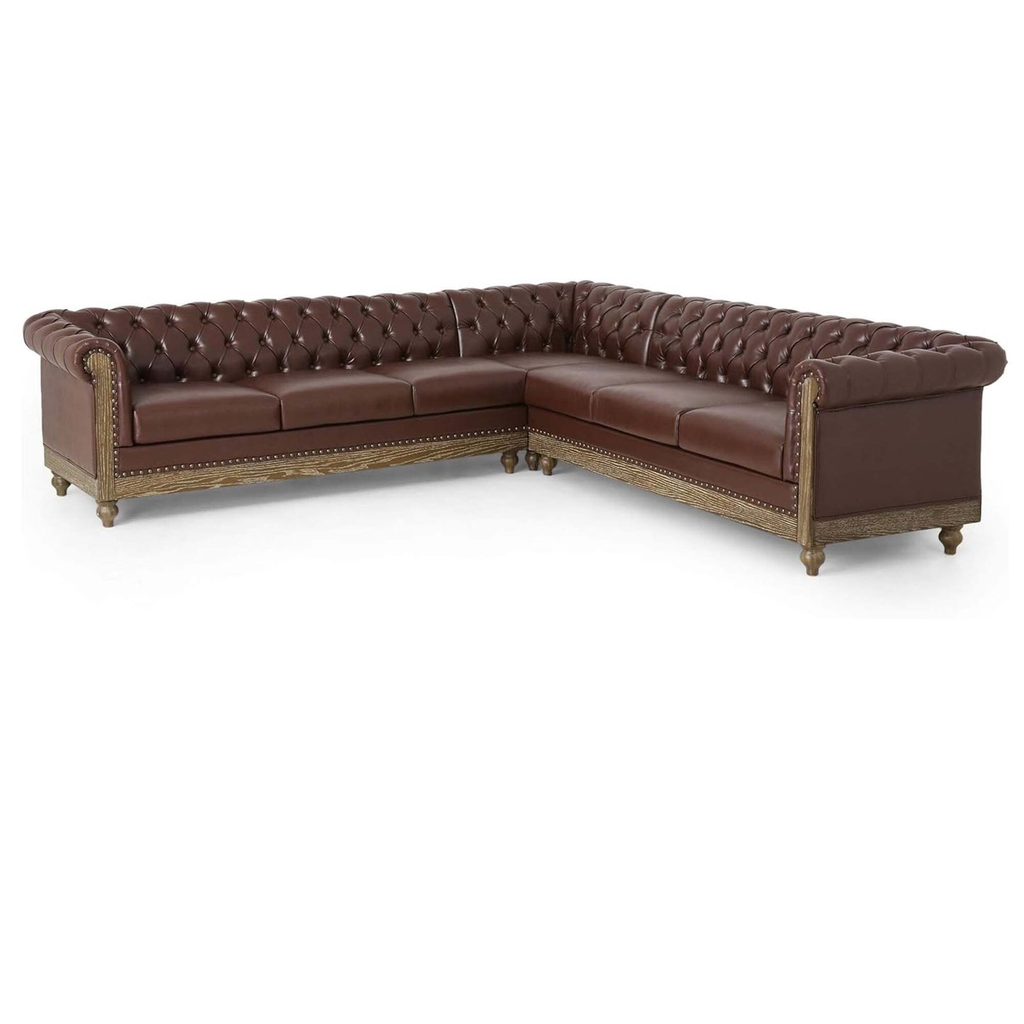 Vintage 6-Seater PU Leather Sectional Sofa with Tufted Back, Nailhead Trim and Wood Legs for Living Room