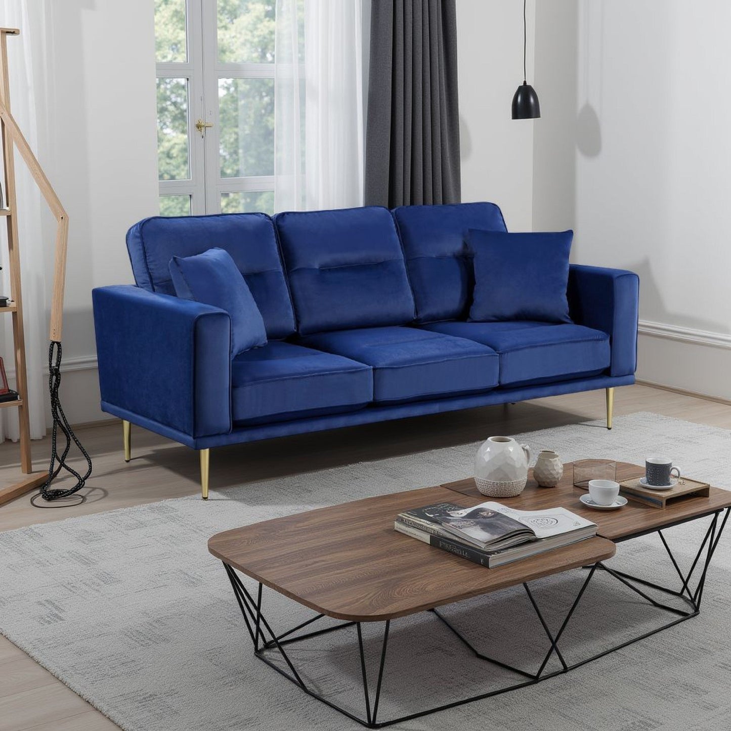 Voxo Sofa with 2 Accent Pillows, Blue Velvet Padded Seat, 82 Inch