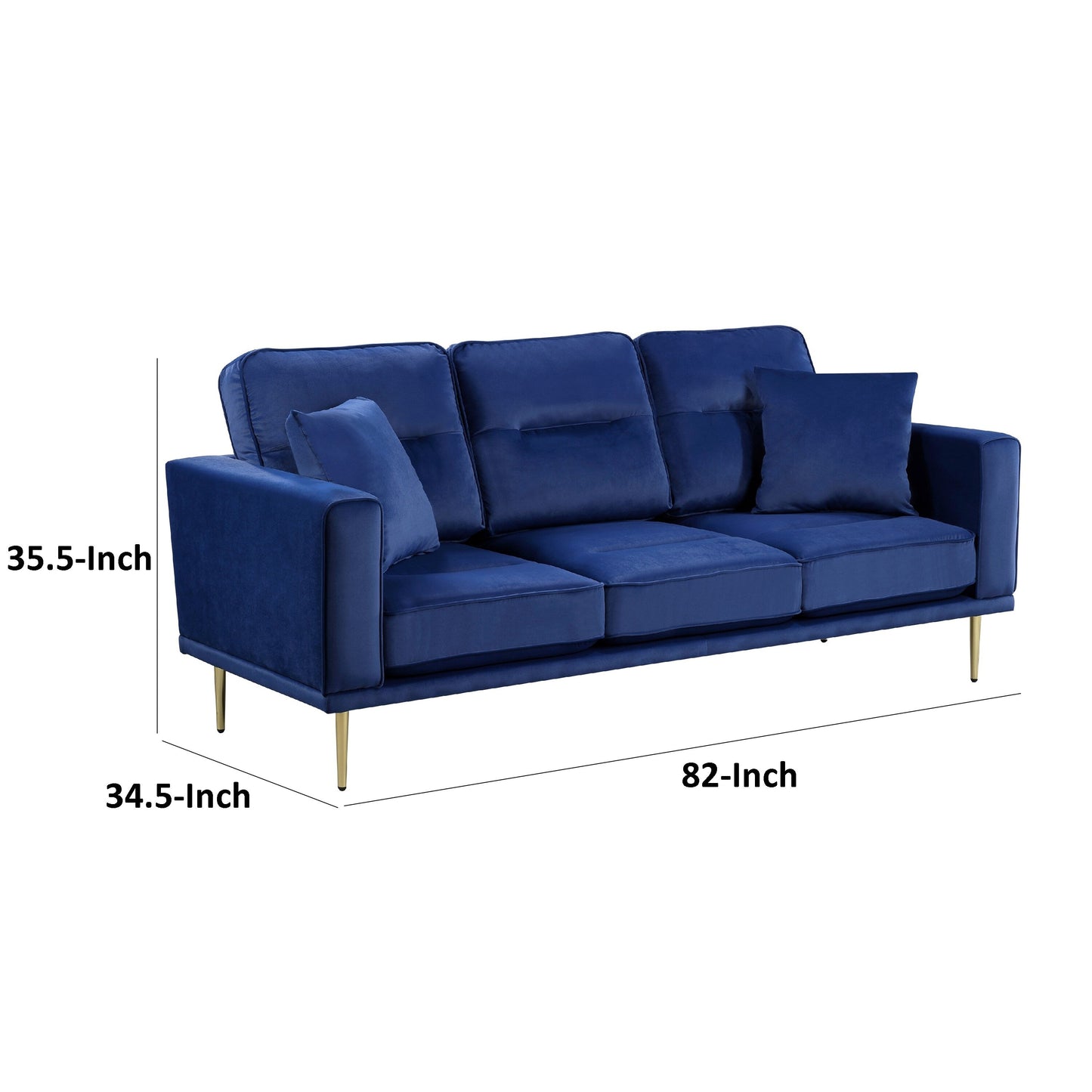 Voxo Sofa with 2 Accent Pillows, Blue Velvet Padded Seat, 82 Inch