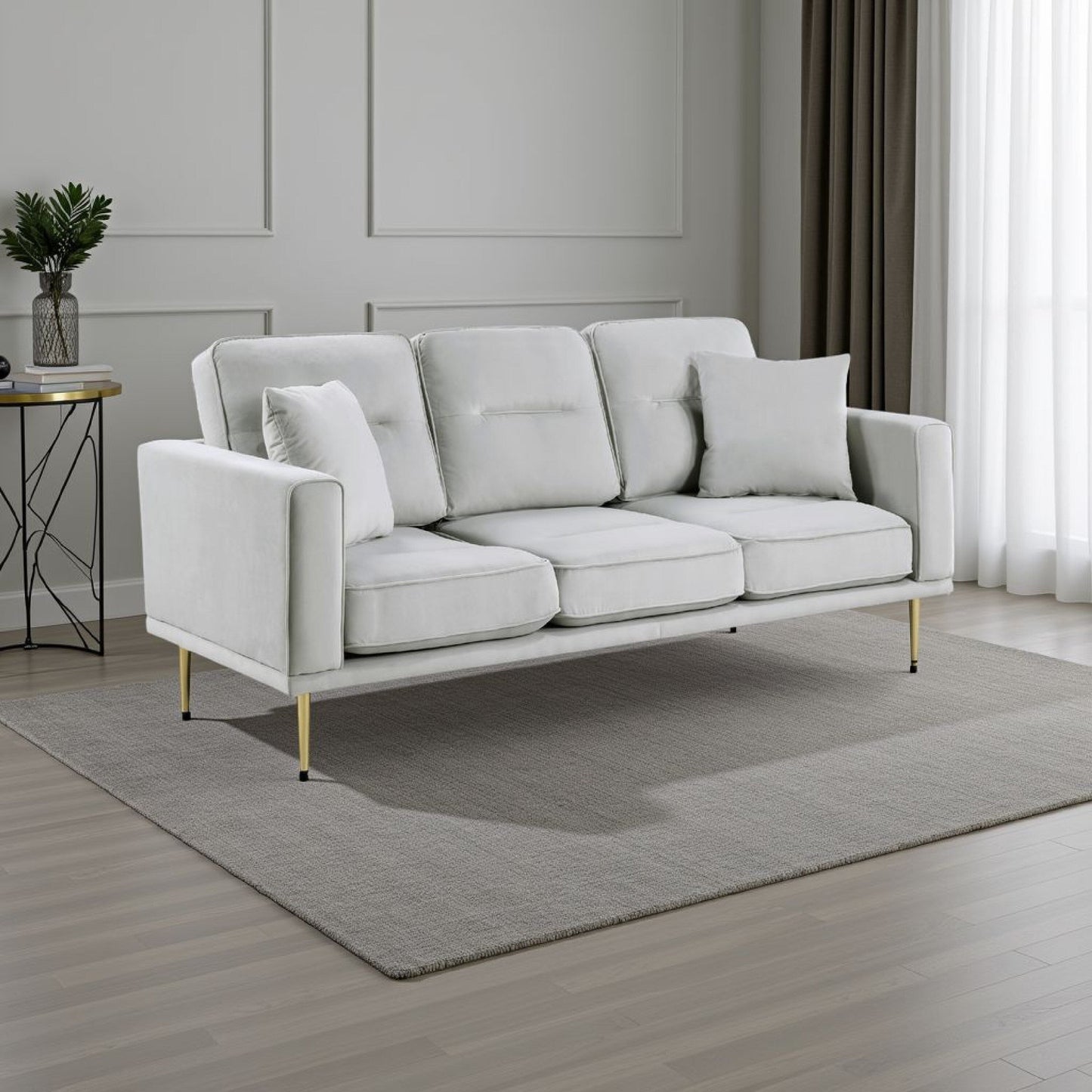 Voxo Sofa, Gray Velvet Padded Seat, Two Accent Pillows, 82 Inch