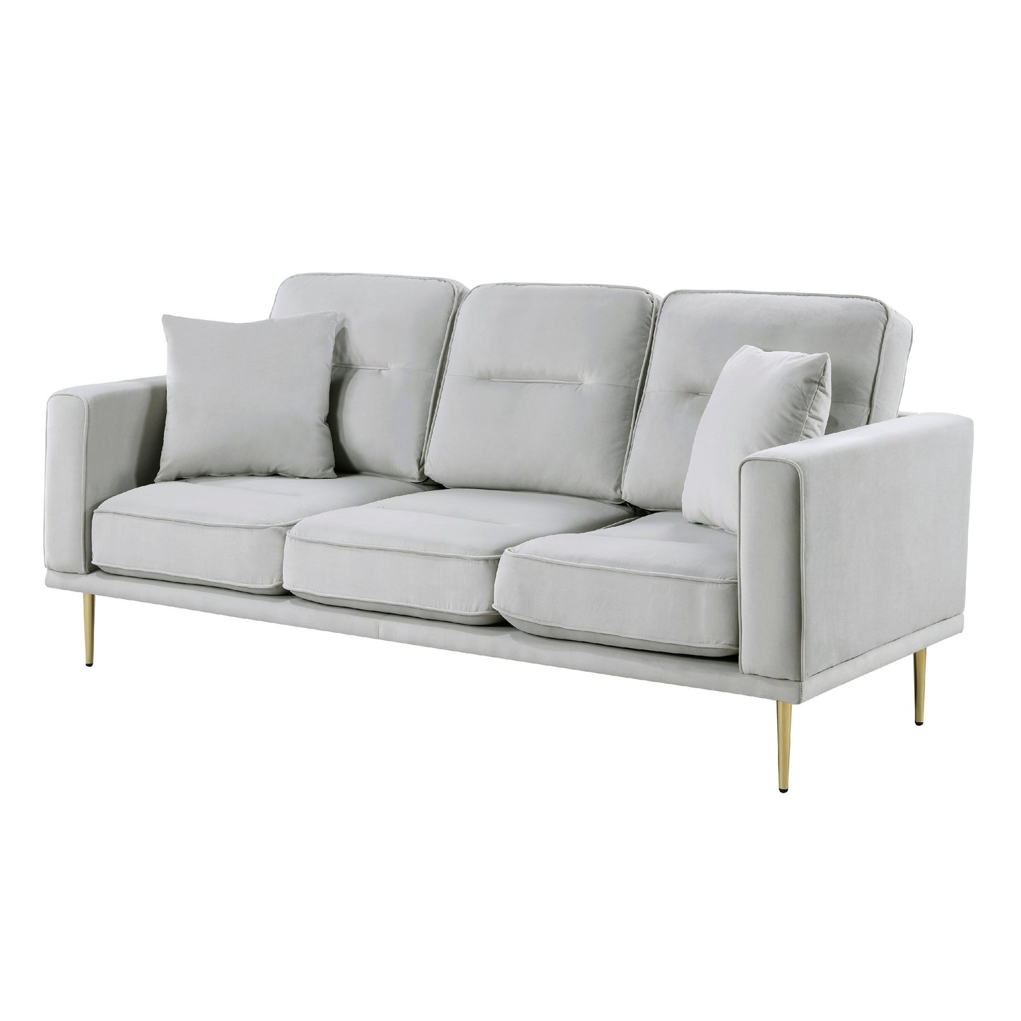 Voxo Sofa, Gray Velvet Padded Seat, Two Accent Pillows, 82 Inch