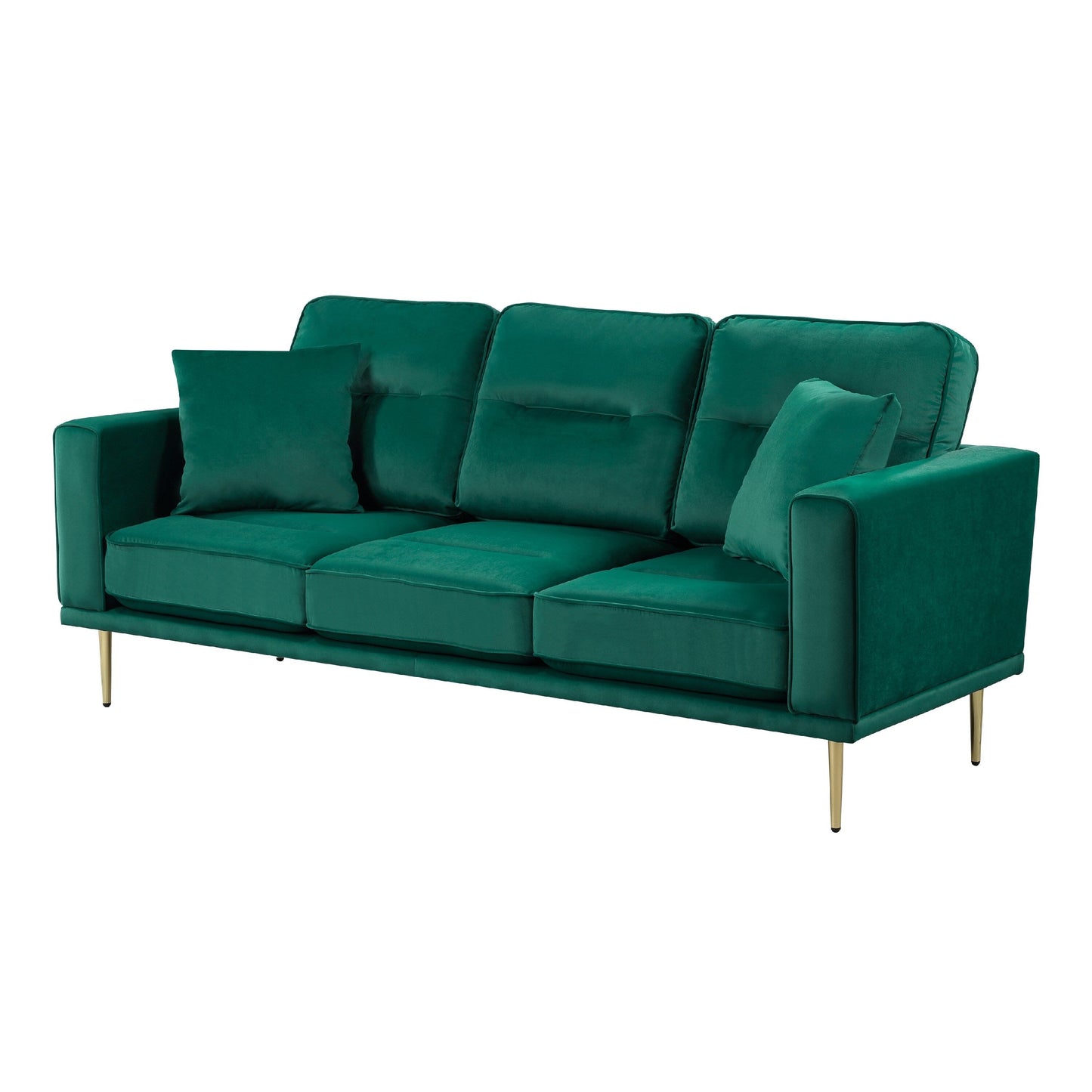 Voxo Sofa, Green Velvet Padded Seat, Two Accent Pillows, 82 Inch