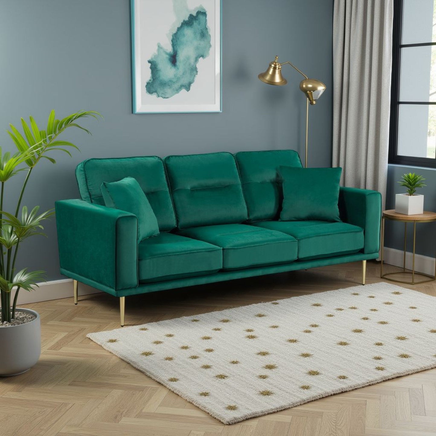 Voxo Sofa, Green Velvet Padded Seat, Two Accent Pillows, 82 Inch