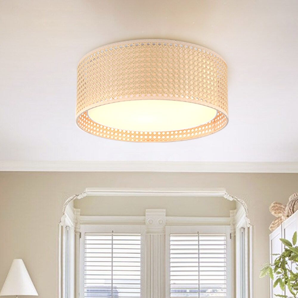WINGBO Moderne 3-flammige Deckenleuchte mit Doppeltrommelschirm aus Rattan und Stoff