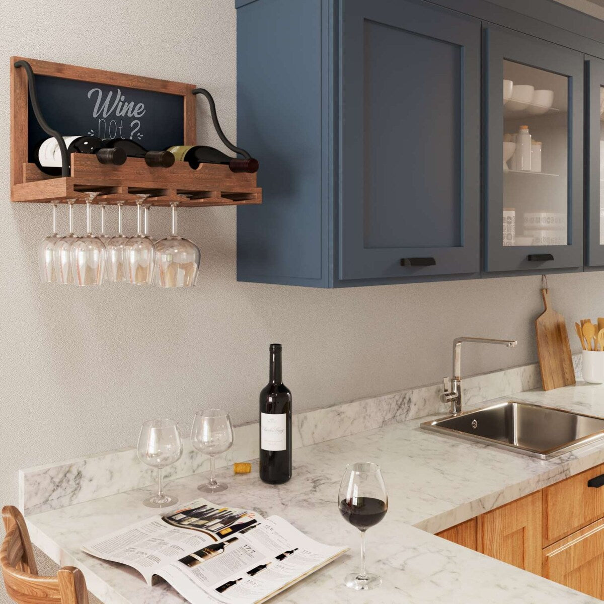 Wallniture Colmar Weinregal aus Holz zur Wandmontage, Weinglashalter, Organizer für 4 Weinflaschen, rustikales Dekor für die Hausbar