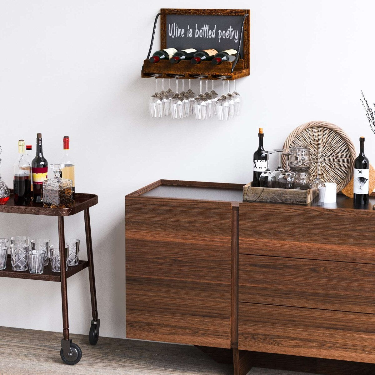 Wallniture Colmar Weinregal aus Holz zur Wandmontage, Weinglashalter, Organizer für 4 Weinflaschen, rustikales Dekor für die Hausbar