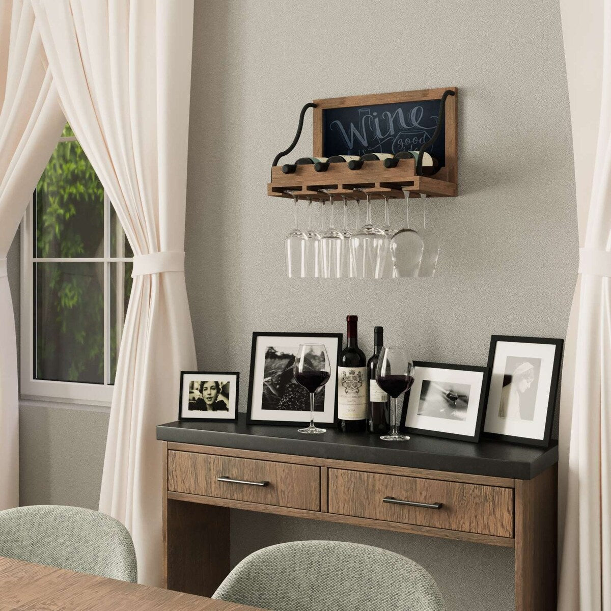 Wallniture Colmar Weinregal aus Holz zur Wandmontage, Weinglashalter, Organizer für 4 Weinflaschen, rustikales Dekor für die Hausbar