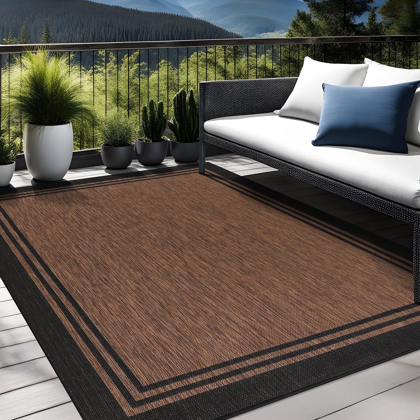 Waschbarer Teppich mit Bordüre für drinnen und draußen, für Terrasse, Deck, Veranda