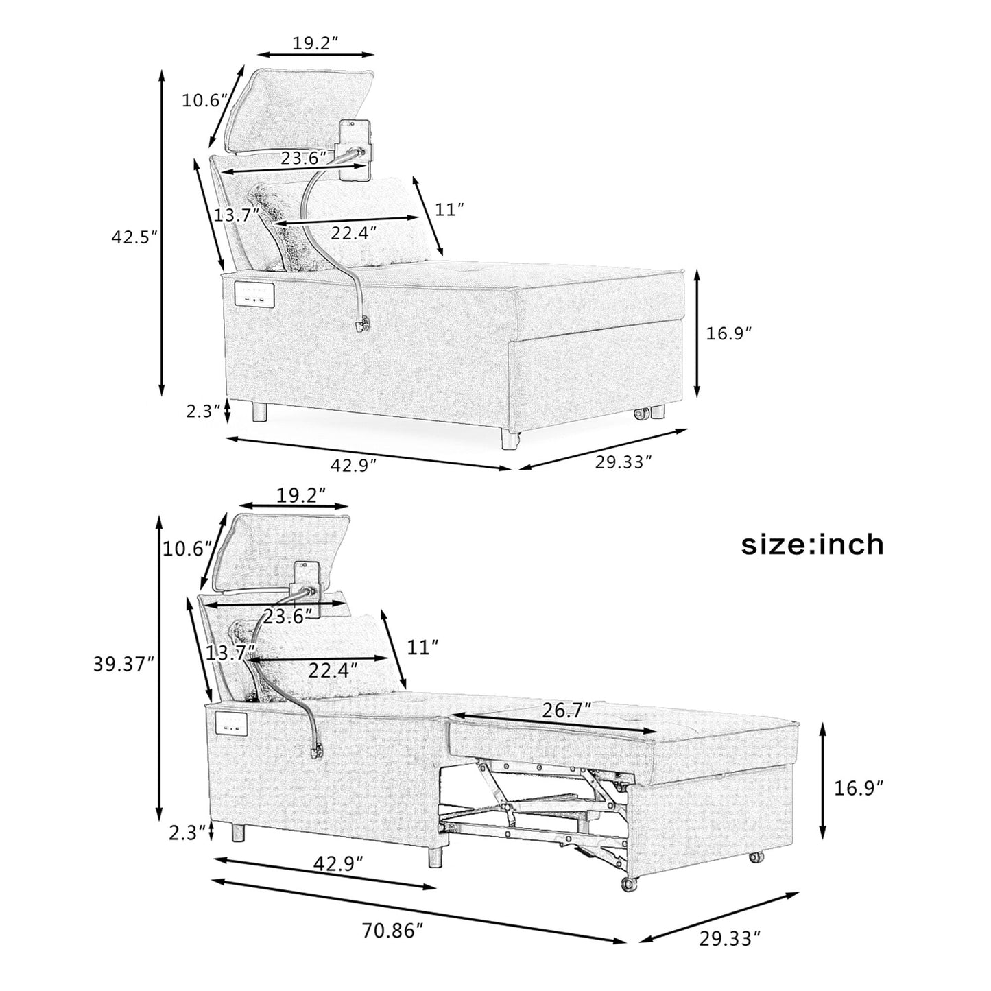 Waterproof Fabric Sofa Bed with Bluetooth Speaker