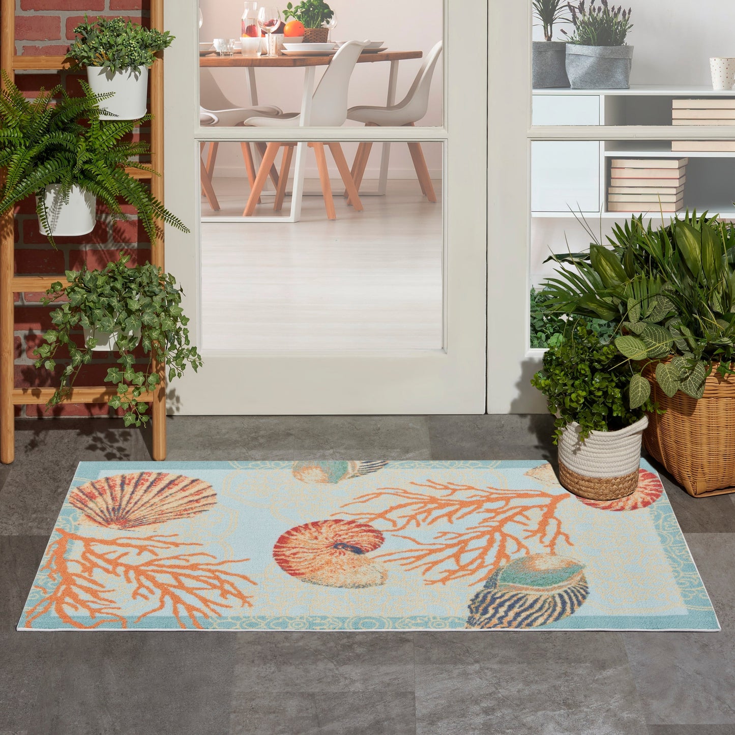 Waverly Sun & Shade Shore Thing Teppich für drinnen und draußen, tropische Muscheln, Blumenmuster