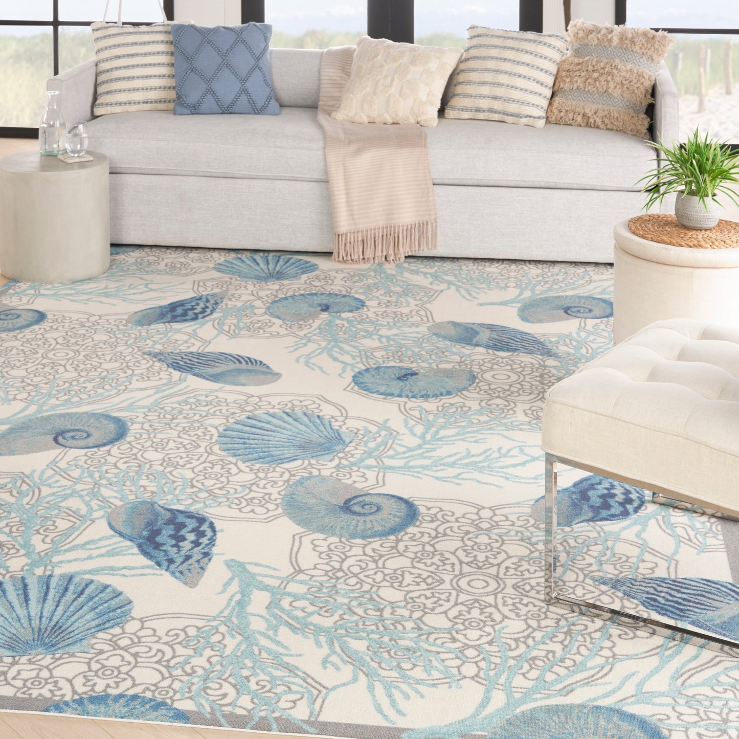 Waverly Sun & Shade Shore Thing Teppich für drinnen und draußen, tropische Muscheln, Blumenmuster