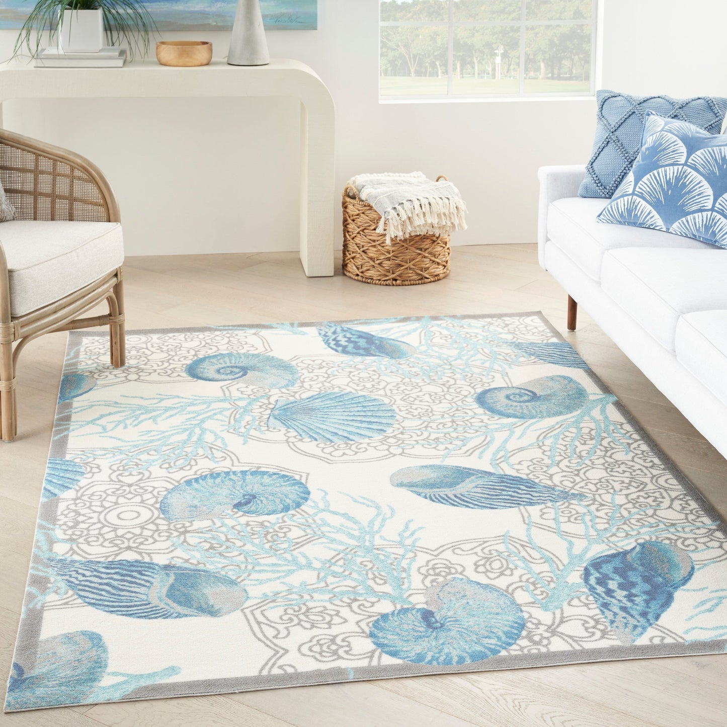 Waverly Sun & Shade Shore Thing Teppich für drinnen und draußen, tropische Muscheln, Blumenmuster