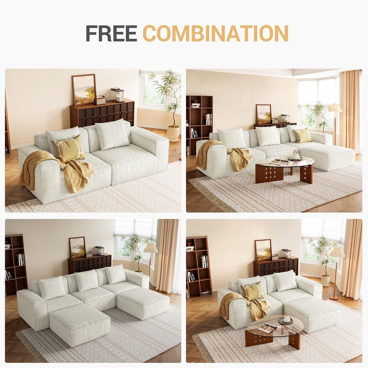White 118 Inch 3 Seater Modular Sofa Bed with Footrest