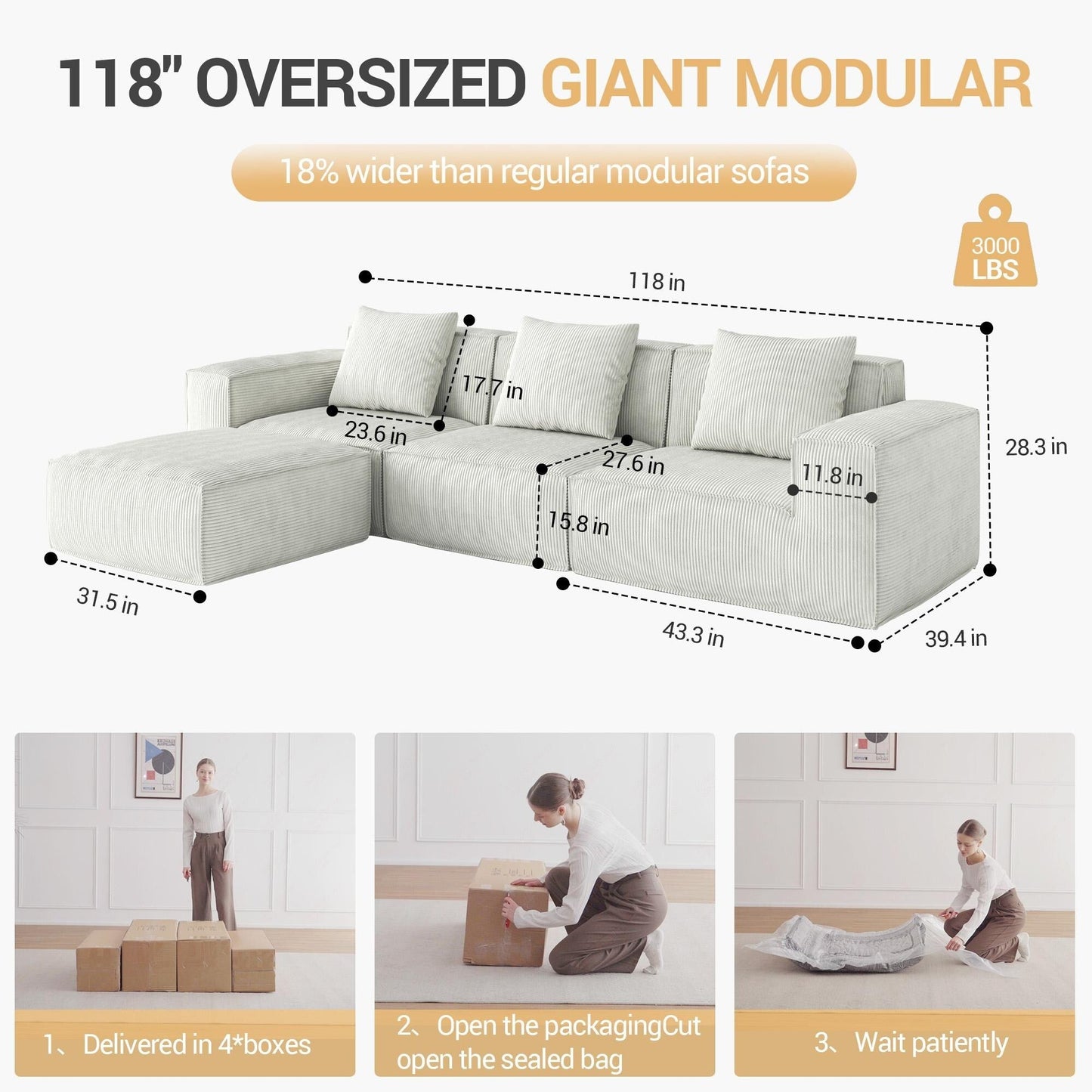 White 118 Inch 3 Seater Modular Sofa Bed with Footrest