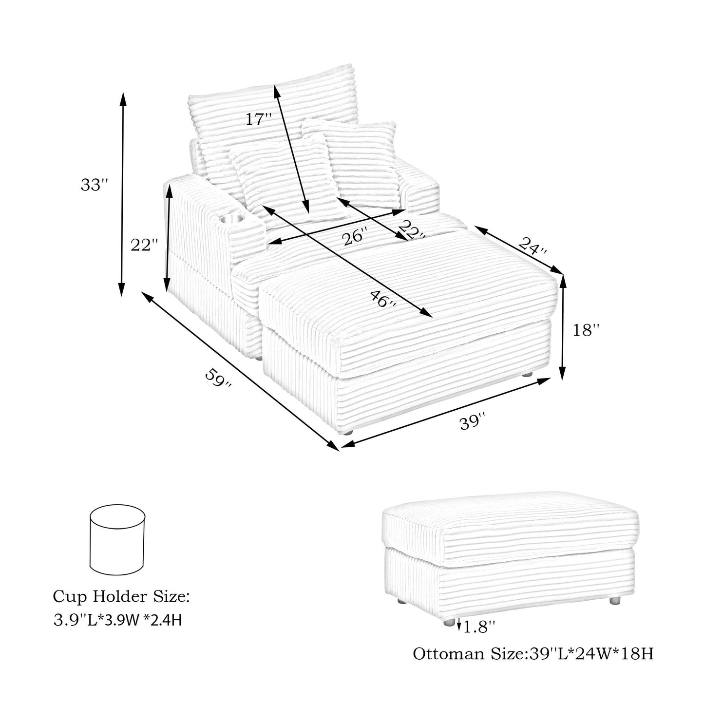 White 39.37 Corduroy Upholstered Single Armchair Sofa with Ottoman and Cup Holder for Lving Room