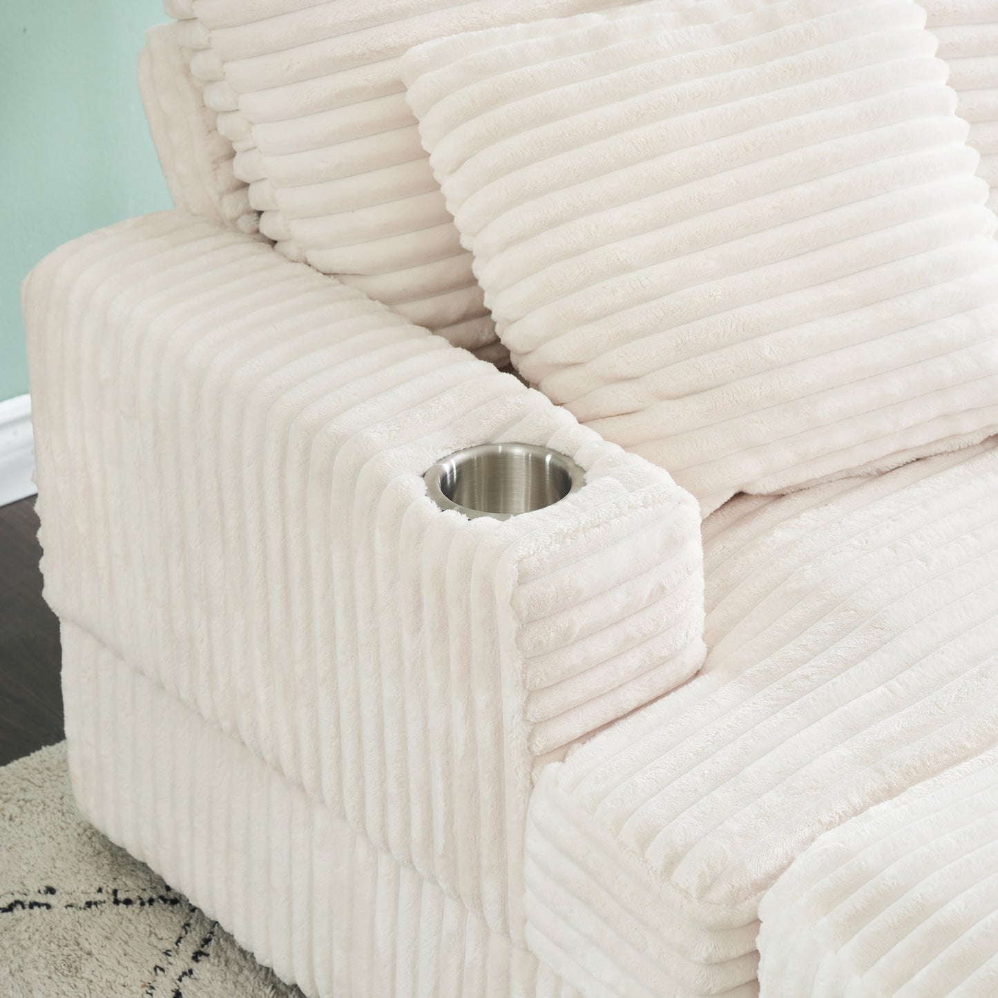 White 39.37 Corduroy Upholstered Single Armchair Sofa with Ottoman and Cup Holder for Lving Room