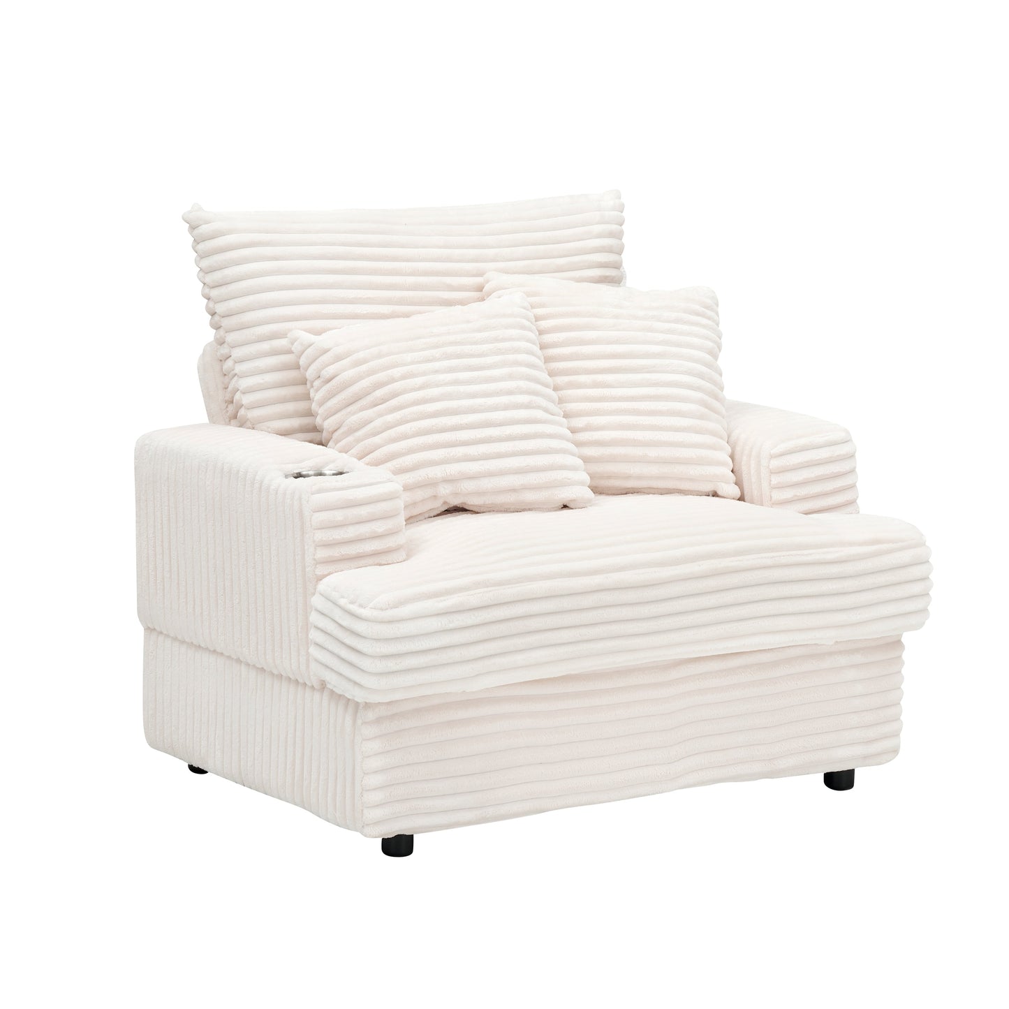 White 39.37 Corduroy Upholstered Single Armchair Sofa with Ottoman and Cup Holder for Lving Room