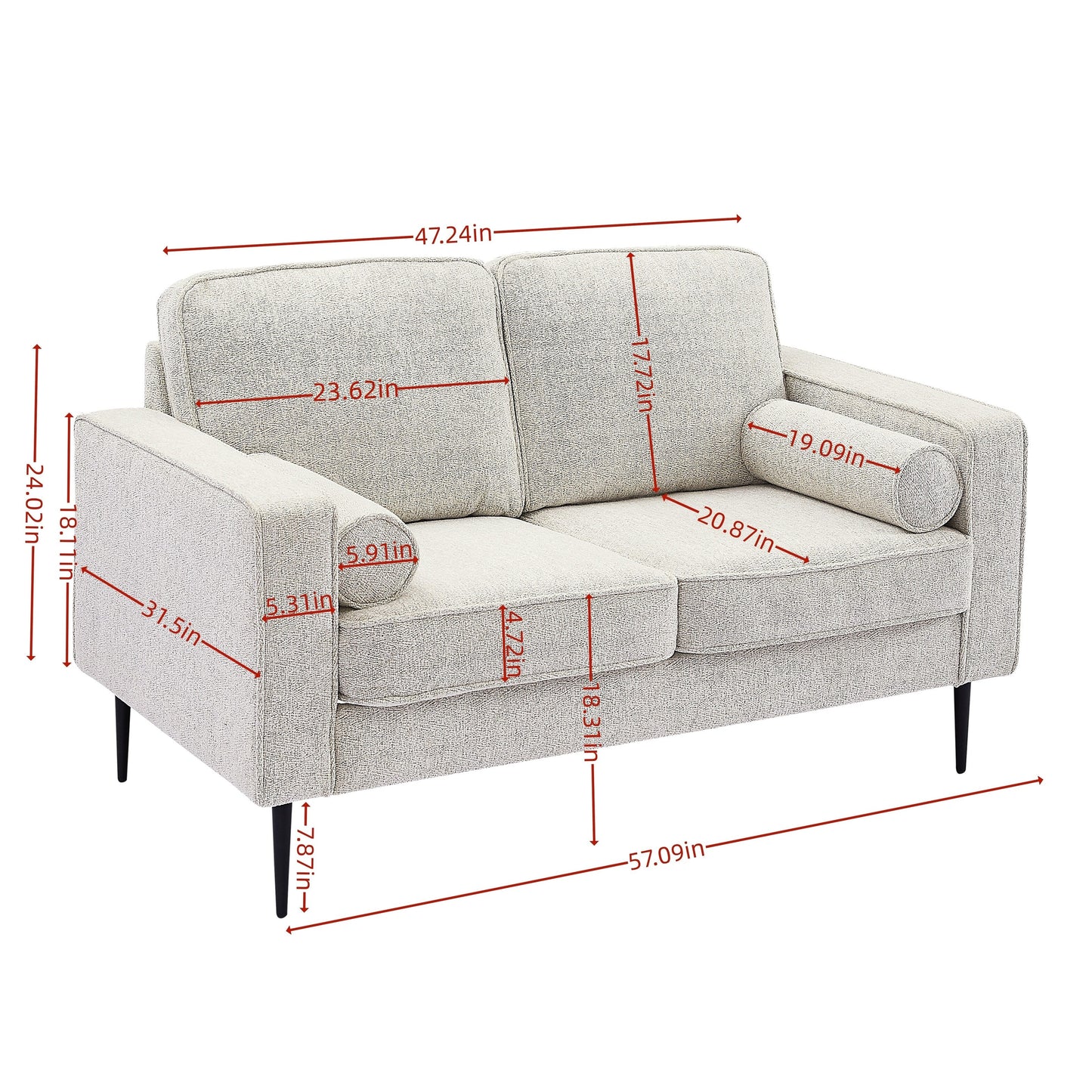 White 56.69 High-Tech Fabric Upholstered Sofa with 2 Pillows for Living Room