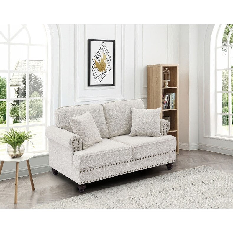 Modernes 2-Sitzer-Sofa, 155 cm, weiß, mit Nagelkopfbesatz, Kissen und hochdichten Polstern