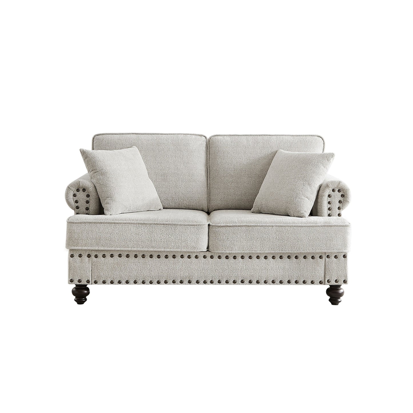 Modernes 2-Sitzer-Sofa, 155 cm, weiß, mit Nagelkopfbesatz, Kissen und hochdichten Polstern