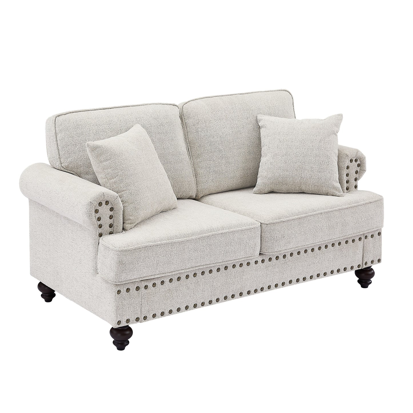 Modernes 2-Sitzer-Sofa, 155 cm, weiß, mit Nagelkopfbesatz, Kissen und hochdichten Polstern