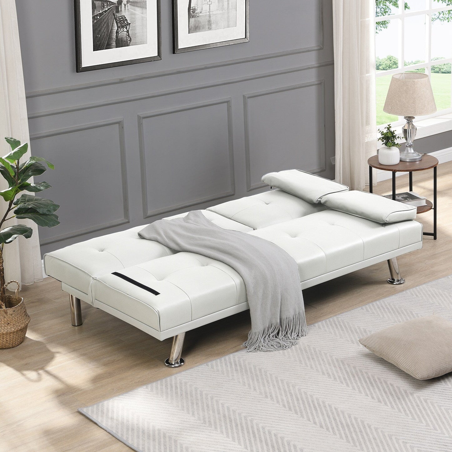 White 66.1 PVC Loveseat Sofa Bed with Wood Frame and Stainless Leg for Living Room