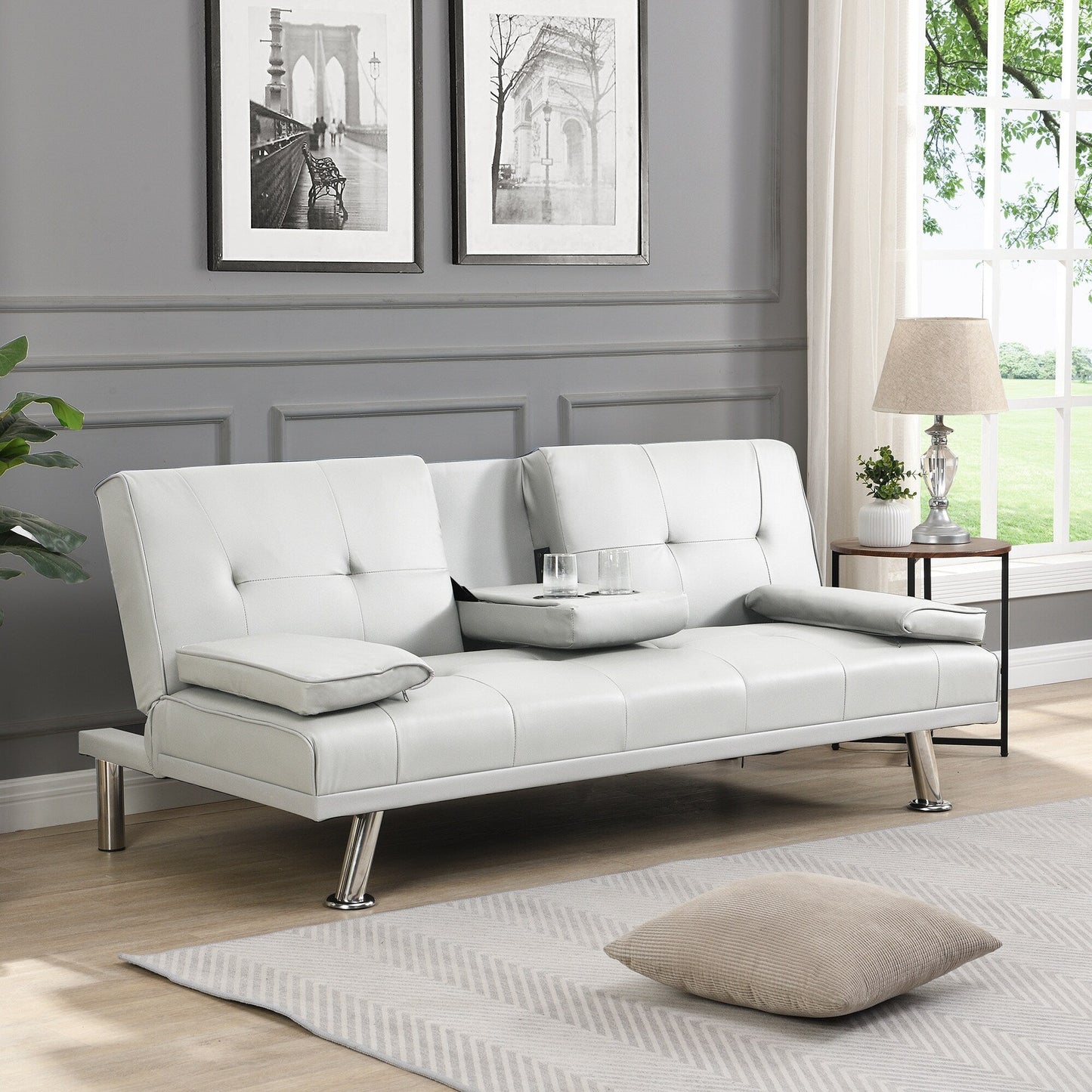 White 66.1 PVC Loveseat Sofa Bed with Wood Frame and Stainless Leg for Living Room
