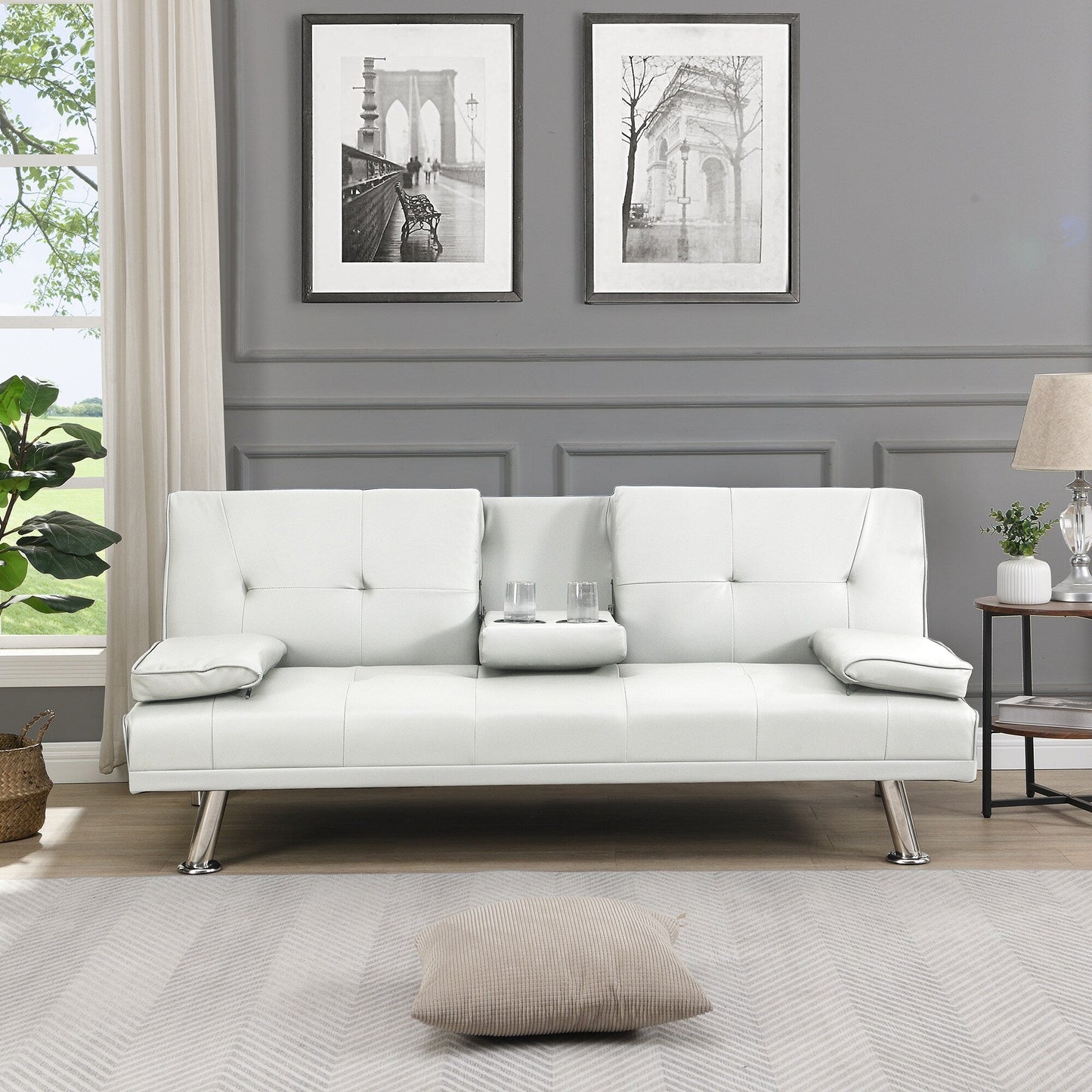 White 66.1 PVC Loveseat Sofa Bed with Wood Frame and Stainless Leg for Living Room
