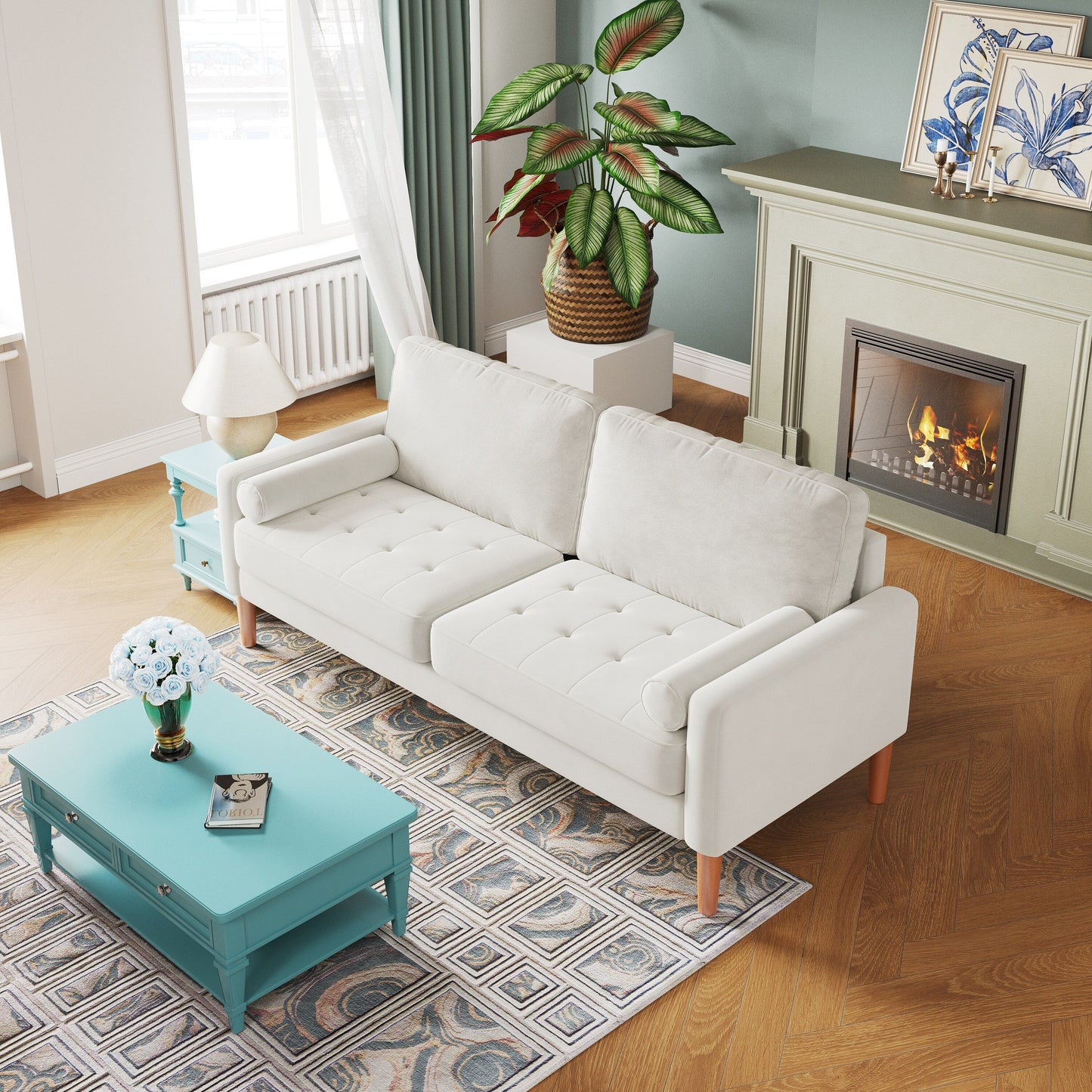 Weißes 67.7 gepolstertes 3-Sitzer-Sofa mit hochdichten Schaumstoffkissen, Massivholzrahmen und werkzeugloser Montage