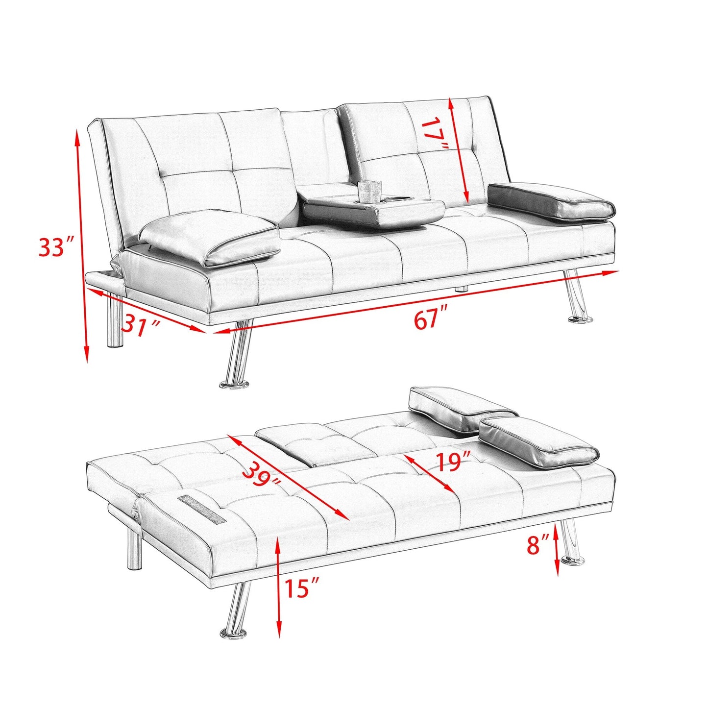 White 67 Faux Leather Loveseat Sofa Bed with 2 Cup Holder and Stainless Legs for Living Room