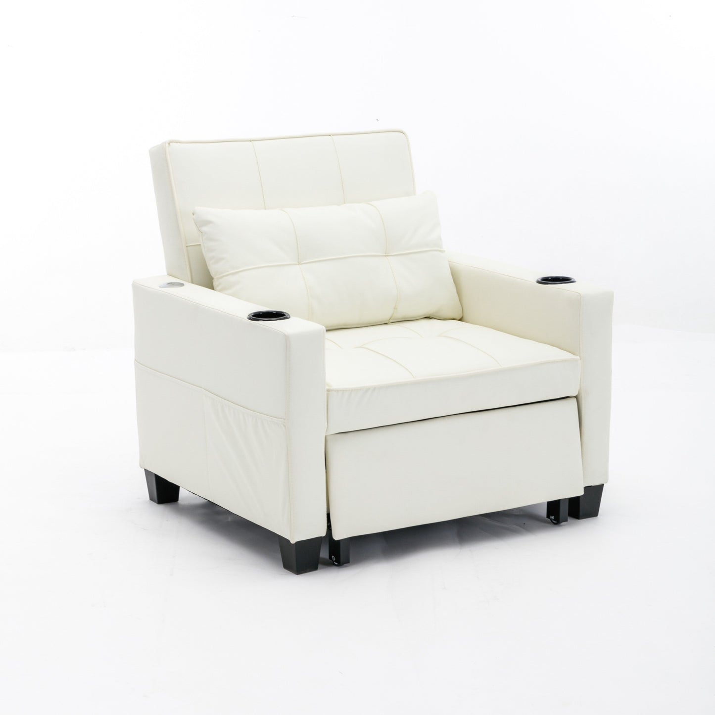 White 68.12 Faux Leather 3-in-1 Single Convertible Pull Out Sofa with USB Ports and Wear-resistantfor Living Room