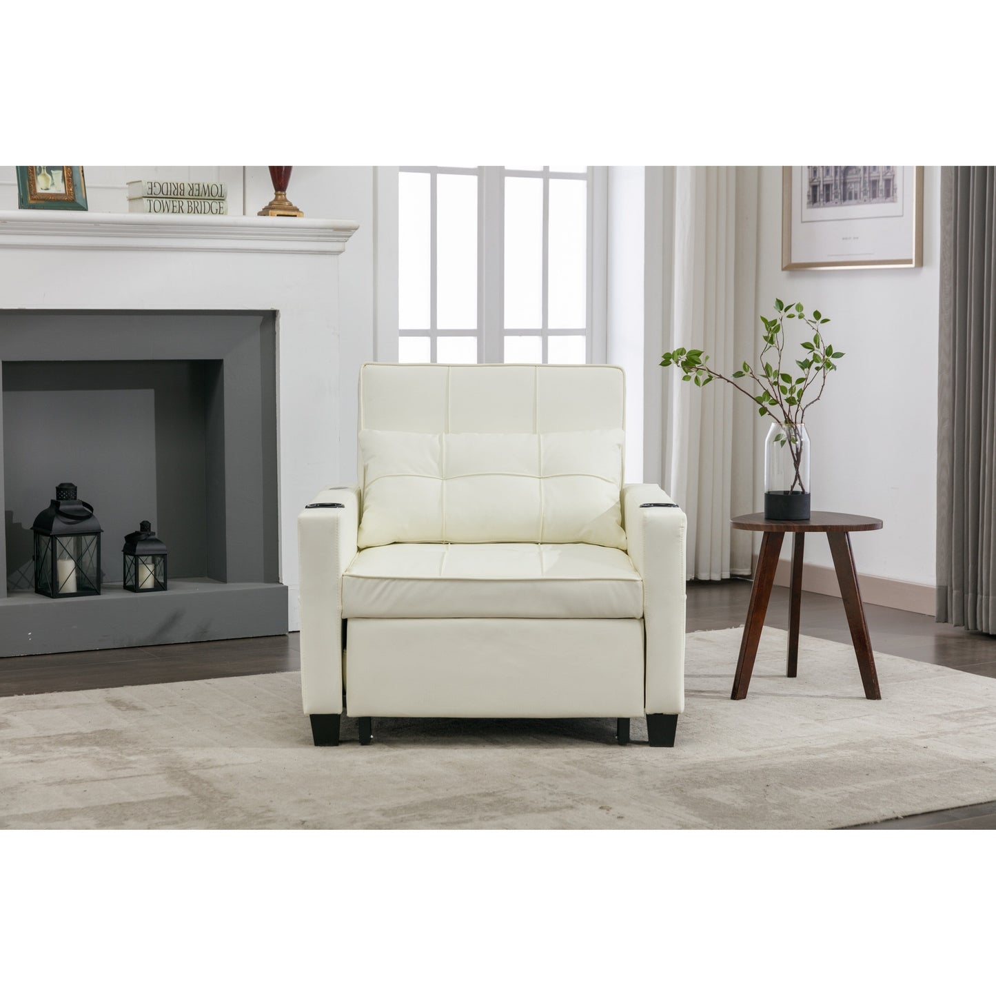 White 68.12 Faux Leather 3-in-1 Single Convertible Pull Out Sofa with USB Ports and Wear-resistantfor Living Room
