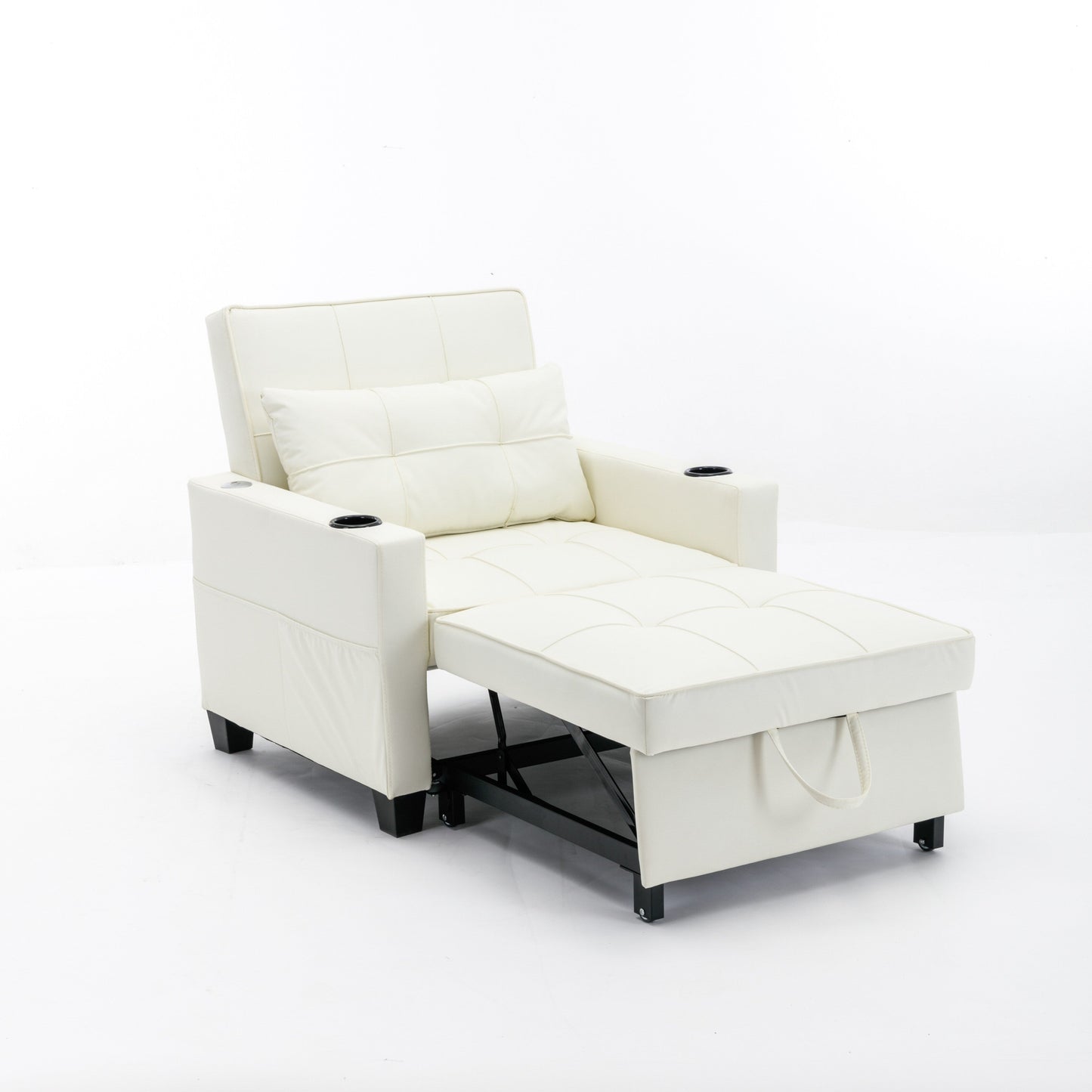 White 68.12 Faux Leather 3-in-1 Single Convertible Pull Out Sofa with USB Ports and Wear-resistantfor Living Room