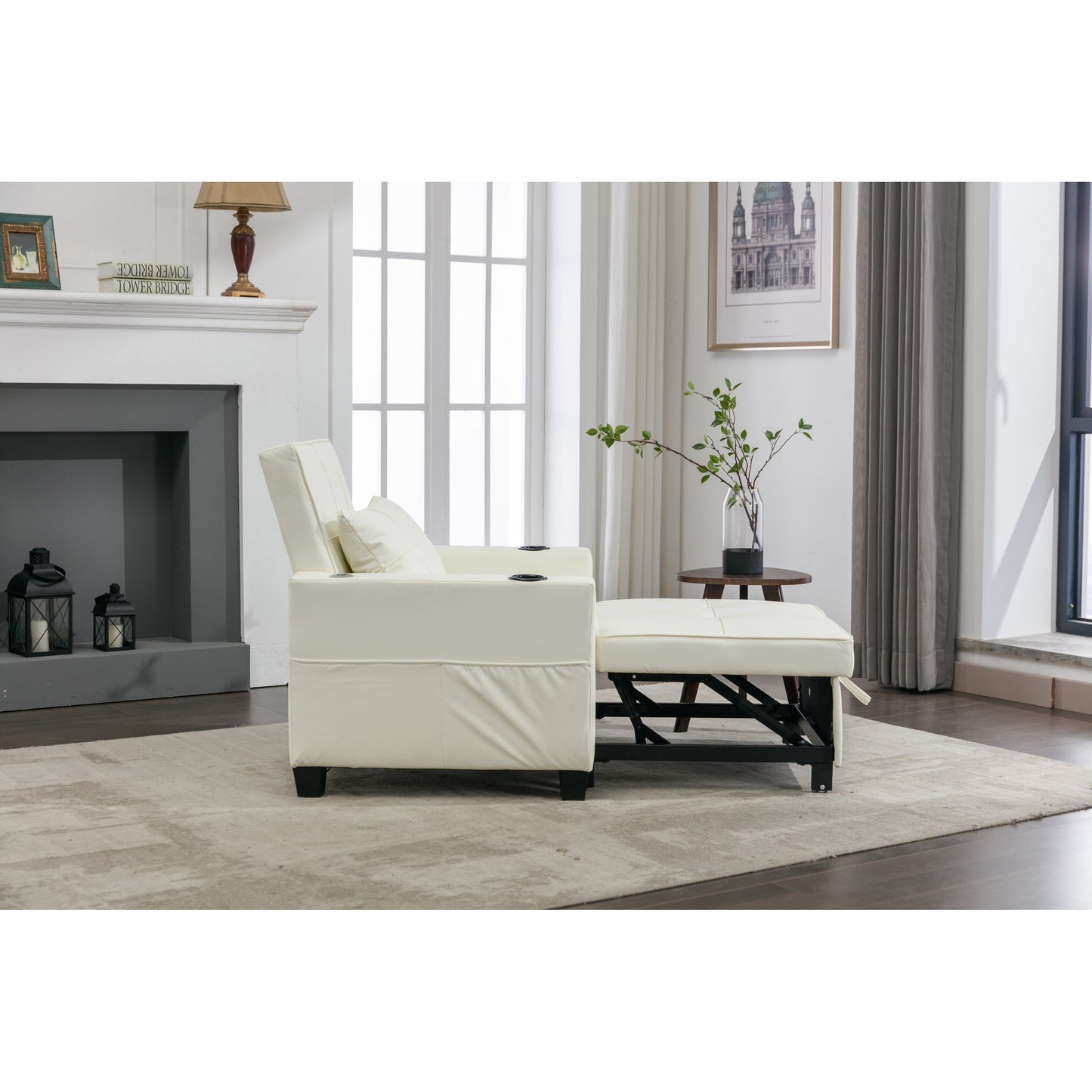 White 68.12 Faux Leather 3-in-1 Single Convertible Pull Out Sofa with USB Ports and Wear-resistantfor Living Room