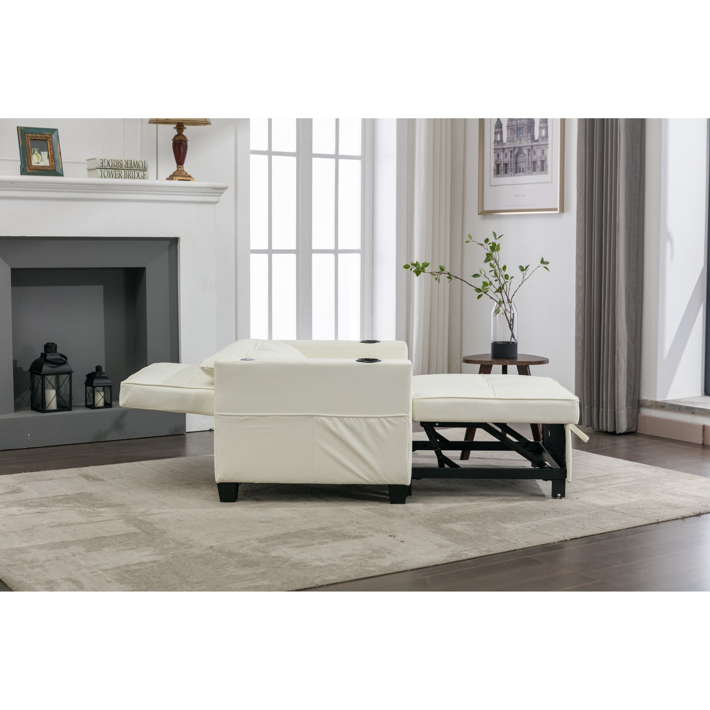 White 68.12 Faux Leather 3-in-1 Single Convertible Pull Out Sofa with USB Ports and Wear-resistantfor Living Room