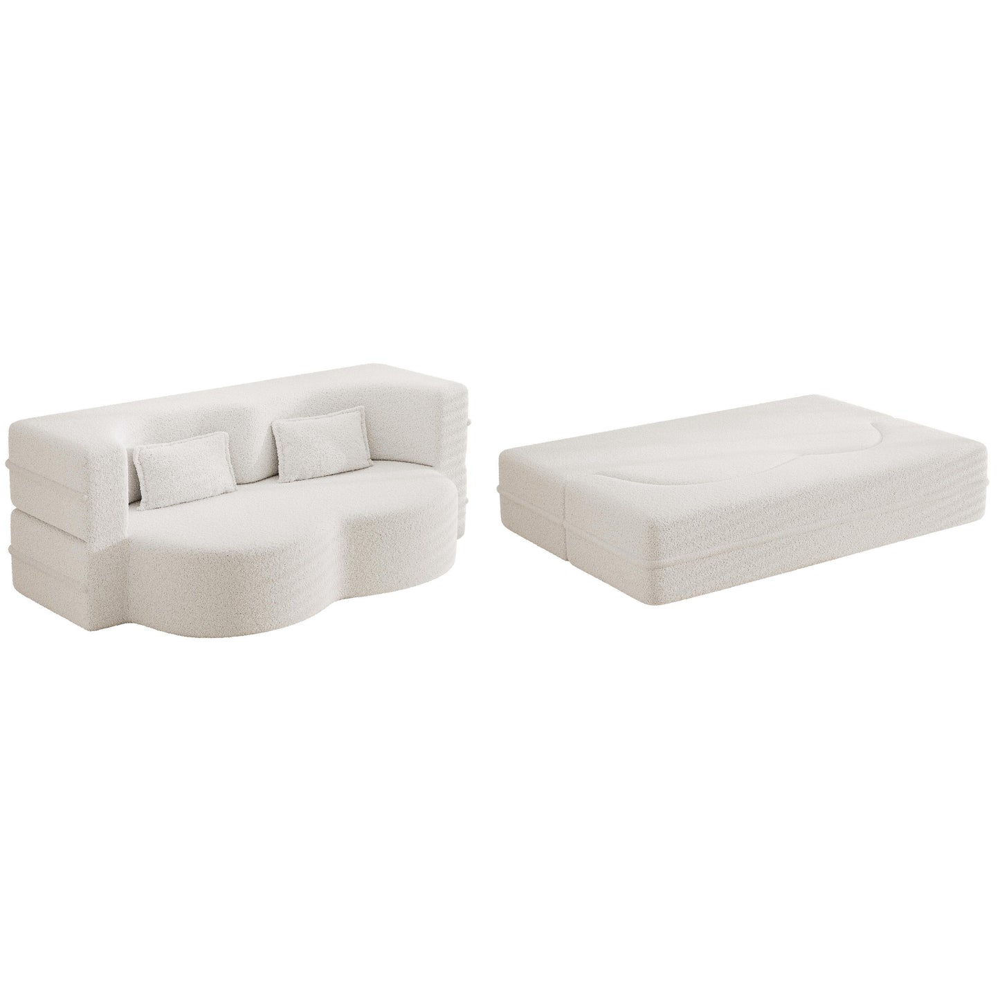 White 78 Convertible Teddy Fabric Loveseat Foam-Filled Floor Sofa Bed with 2 Pillows and Folding Mattress for Living Room