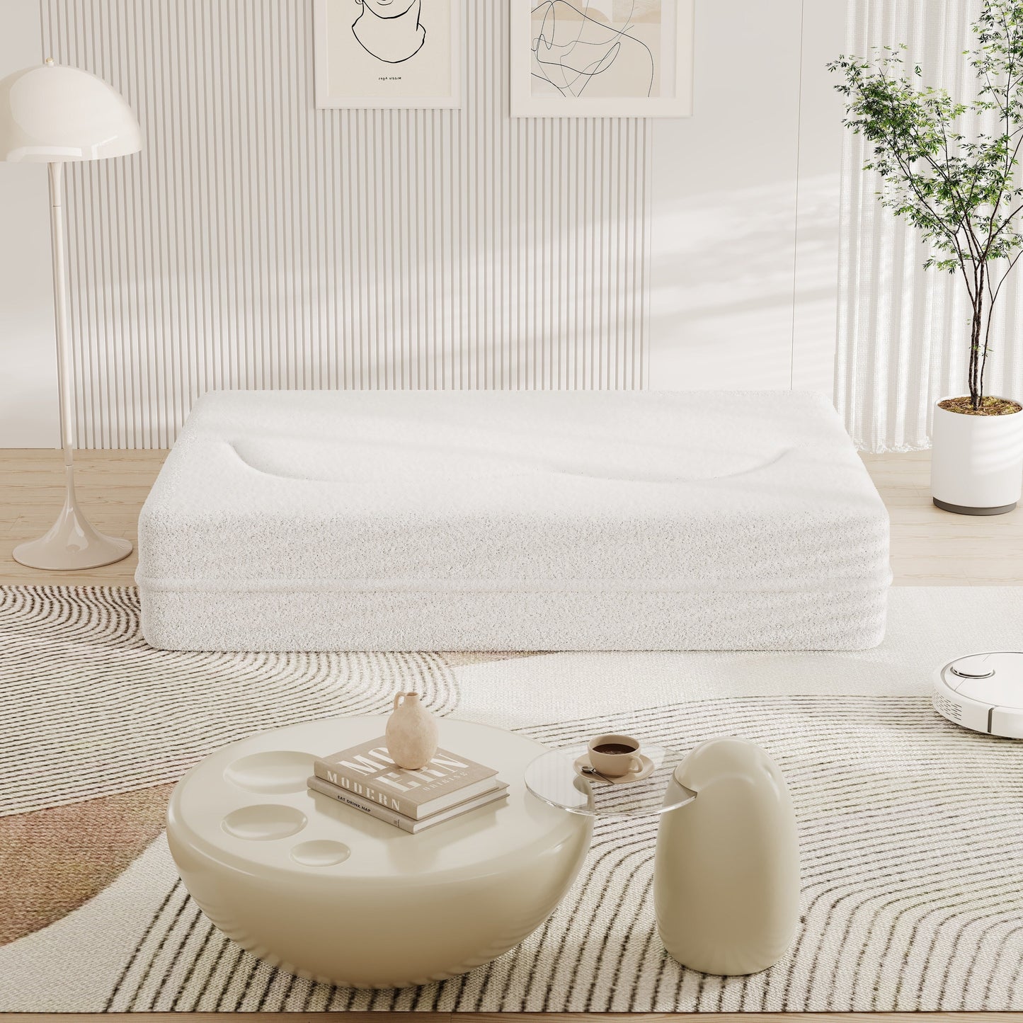 White 78 Convertible Teddy Fabric Loveseat Foam-Filled Floor Sofa Bed with 2 Pillows and Folding Mattress for Living Room