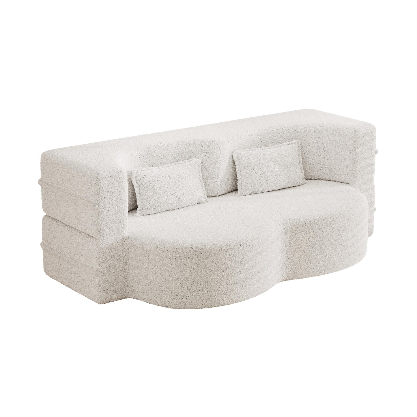 White 78 Convertible Teddy Fabric Loveseat Foam-Filled Floor Sofa Bed with 2 Pillows and Folding Mattress for Living Room
