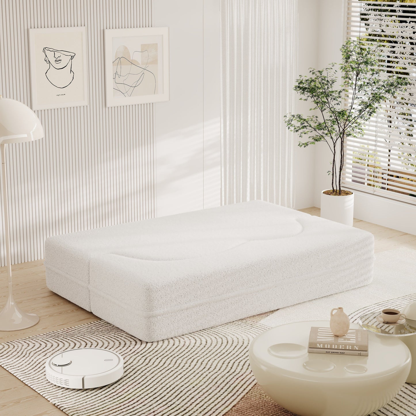 White 78 Convertible Teddy Fabric Loveseat Foam-Filled Floor Sofa Bed with 2 Pillows and Folding Mattress for Living Room