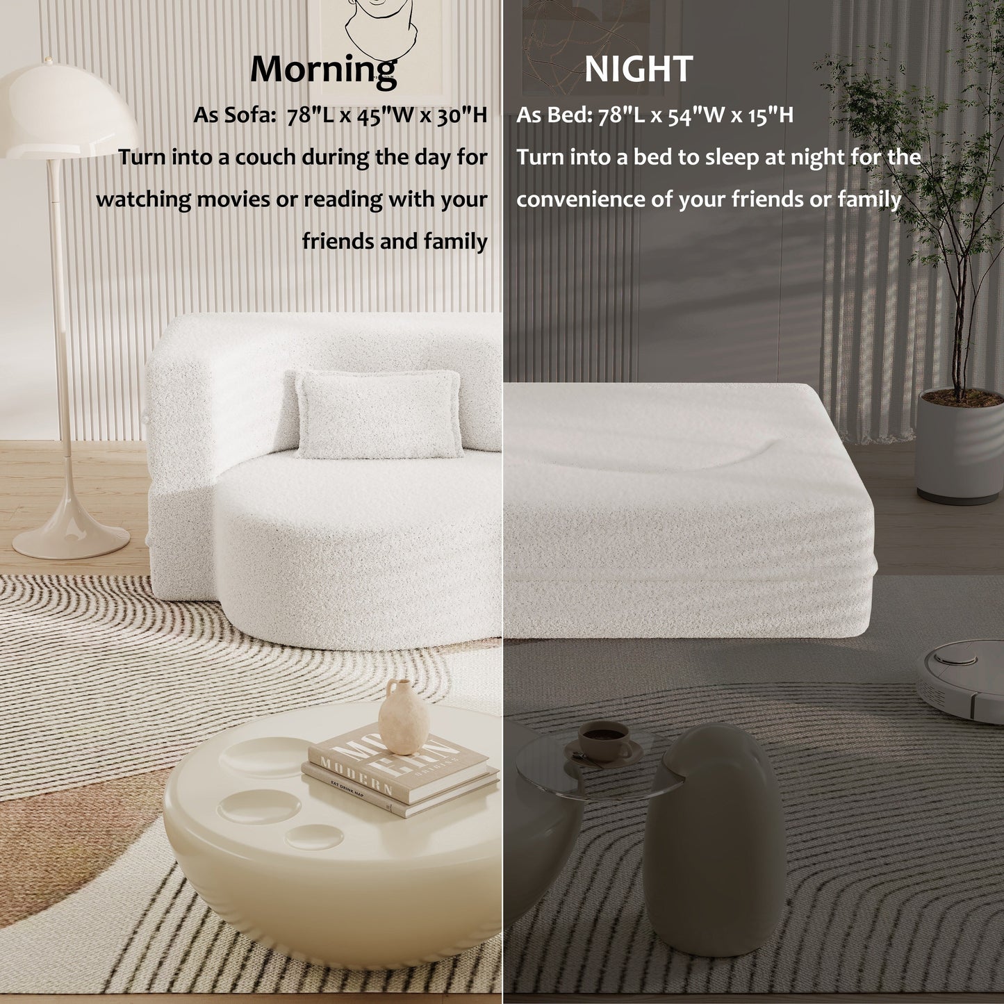 White 78 Convertible Teddy Fabric Loveseat Foam-Filled Floor Sofa Bed with 2 Pillows and Folding Mattress for Living Room