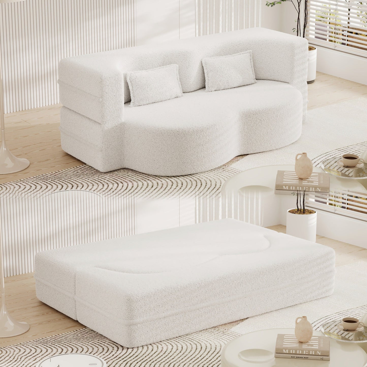 White 78 Convertible Teddy Fabric Loveseat Foam-Filled Floor Sofa Bed with 2 Pillows and Folding Mattress for Living Room
