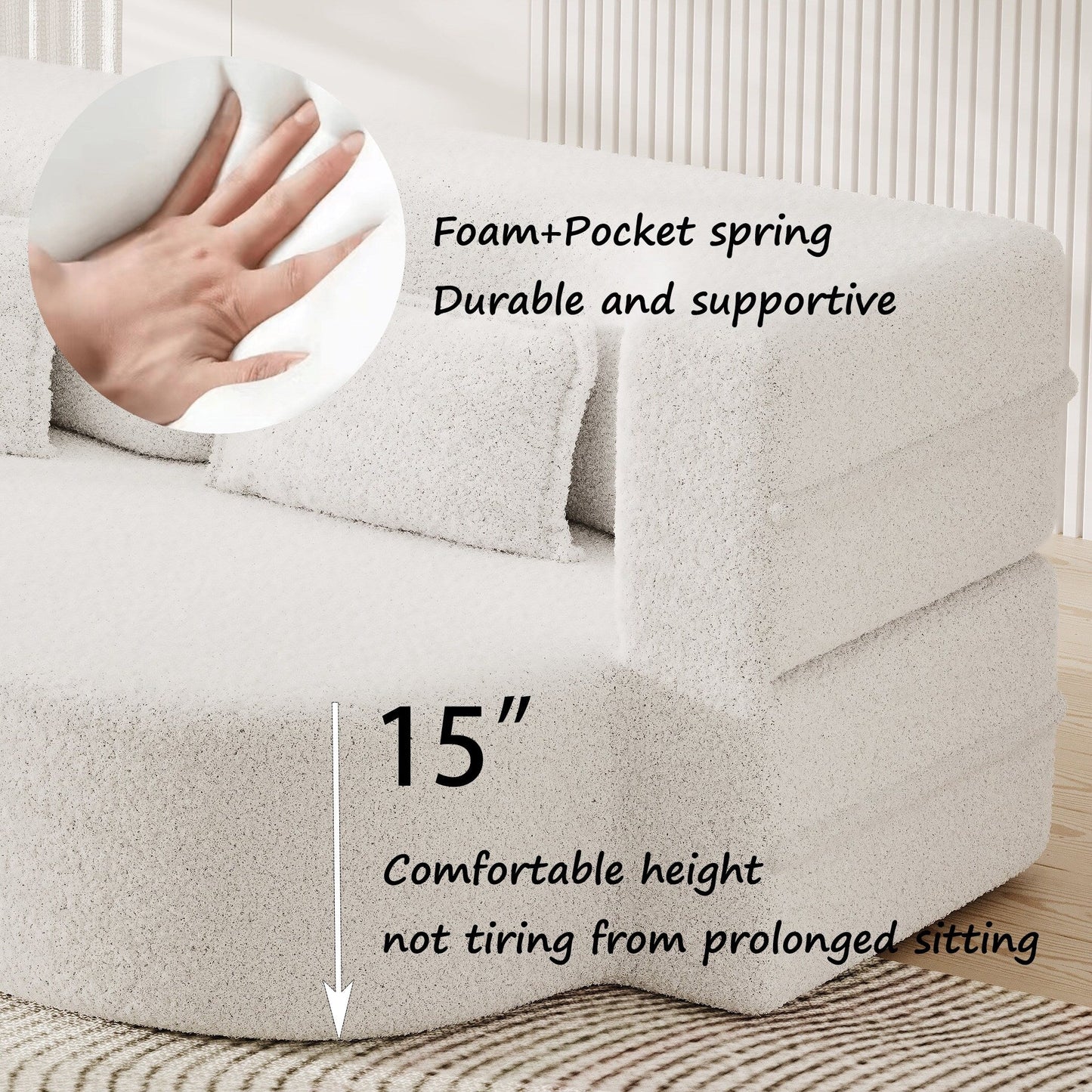 White 78 Convertible Teddy Fabric Loveseat Foam-Filled Floor Sofa Bed with 2 Pillows and Folding Mattress for Living Room
