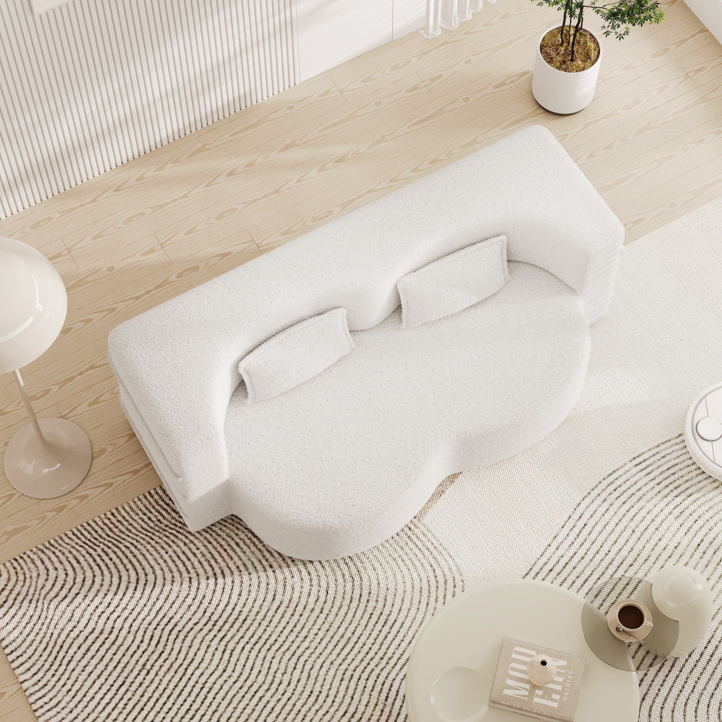 White 78 Convertible Teddy Fabric Loveseat Foam-Filled Floor Sofa Bed with 2 Pillows and Folding Mattress for Living Room
