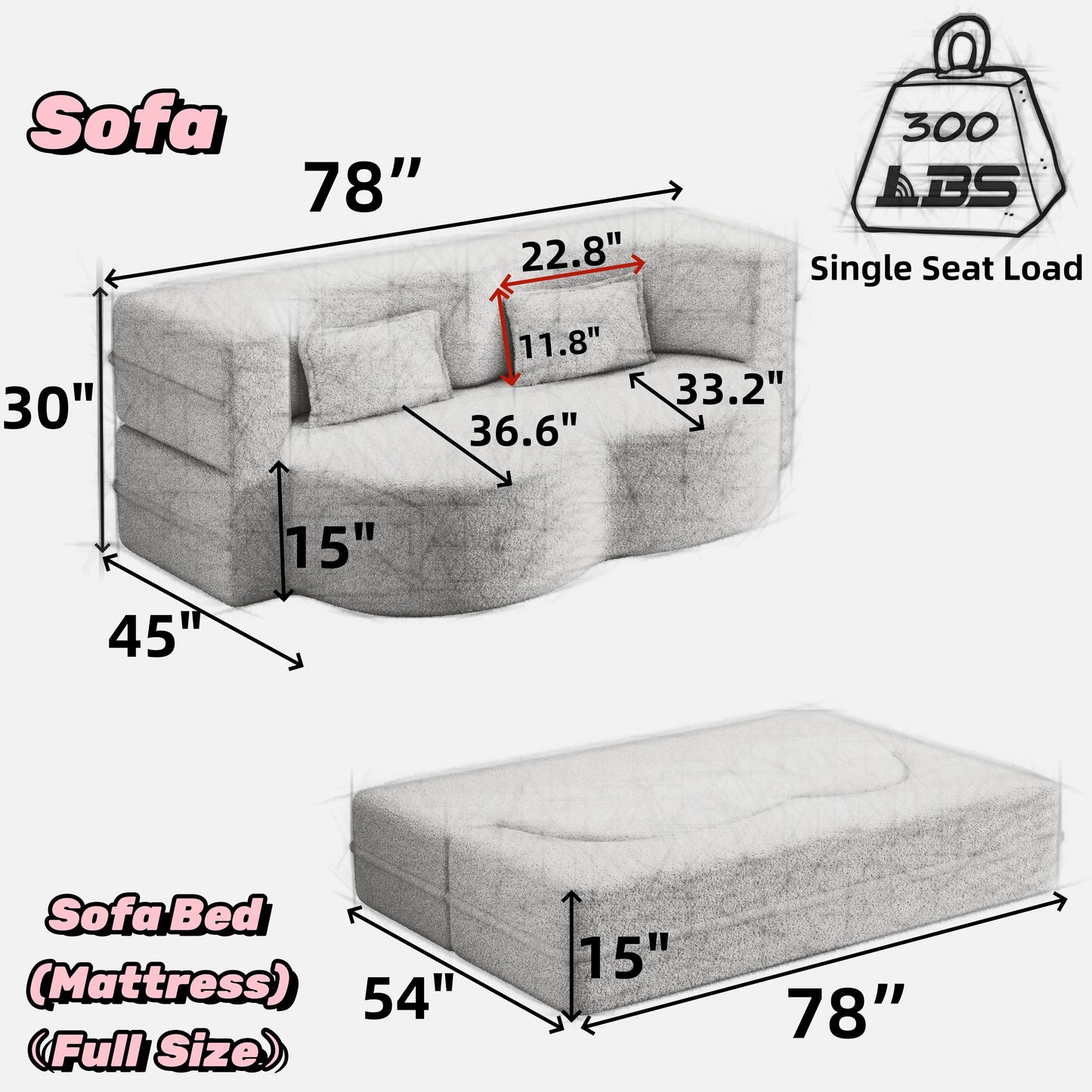 White 78 Convertible Teddy Fabric Loveseat Foam-Filled Floor Sofa Bed with 2 Pillows and Folding Mattress for Living Room