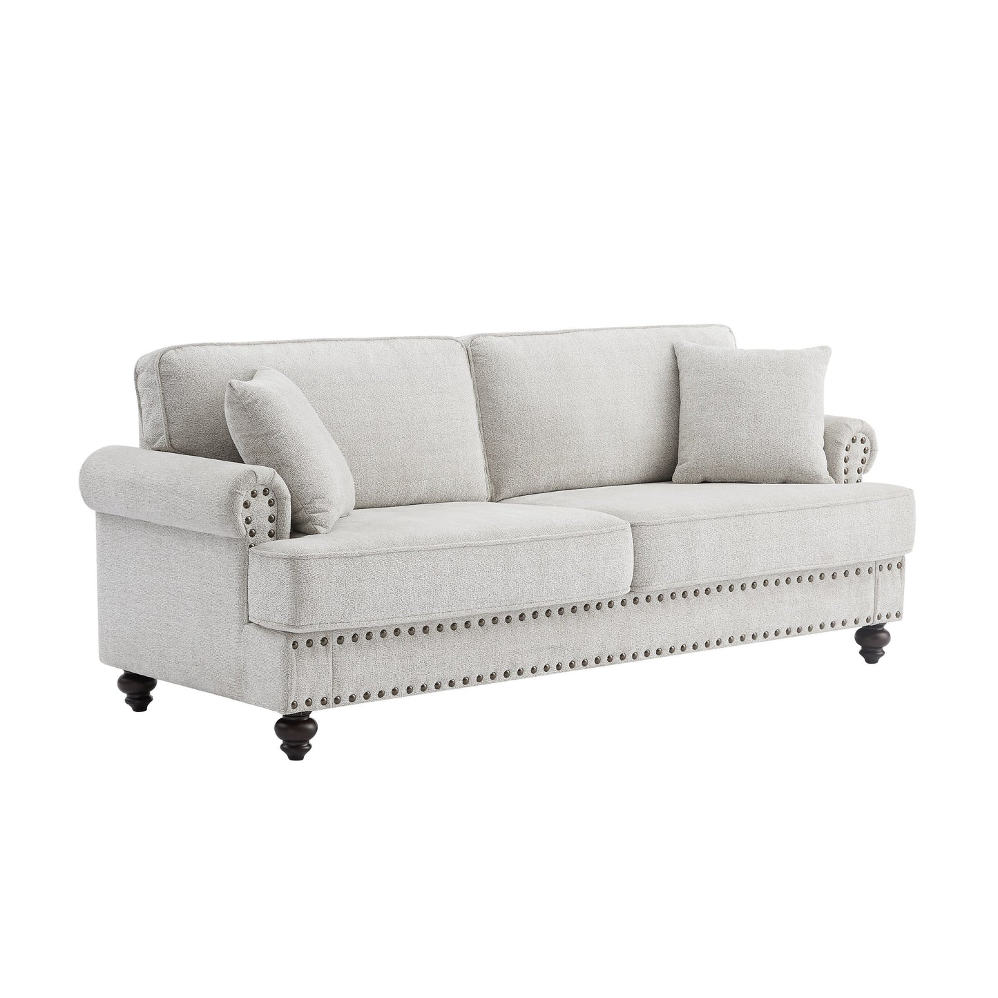 White 82'' Modern 2-Seater Upholstered Sofa with Nailhead Trim, Accent Pillows, and Sponge Cushions