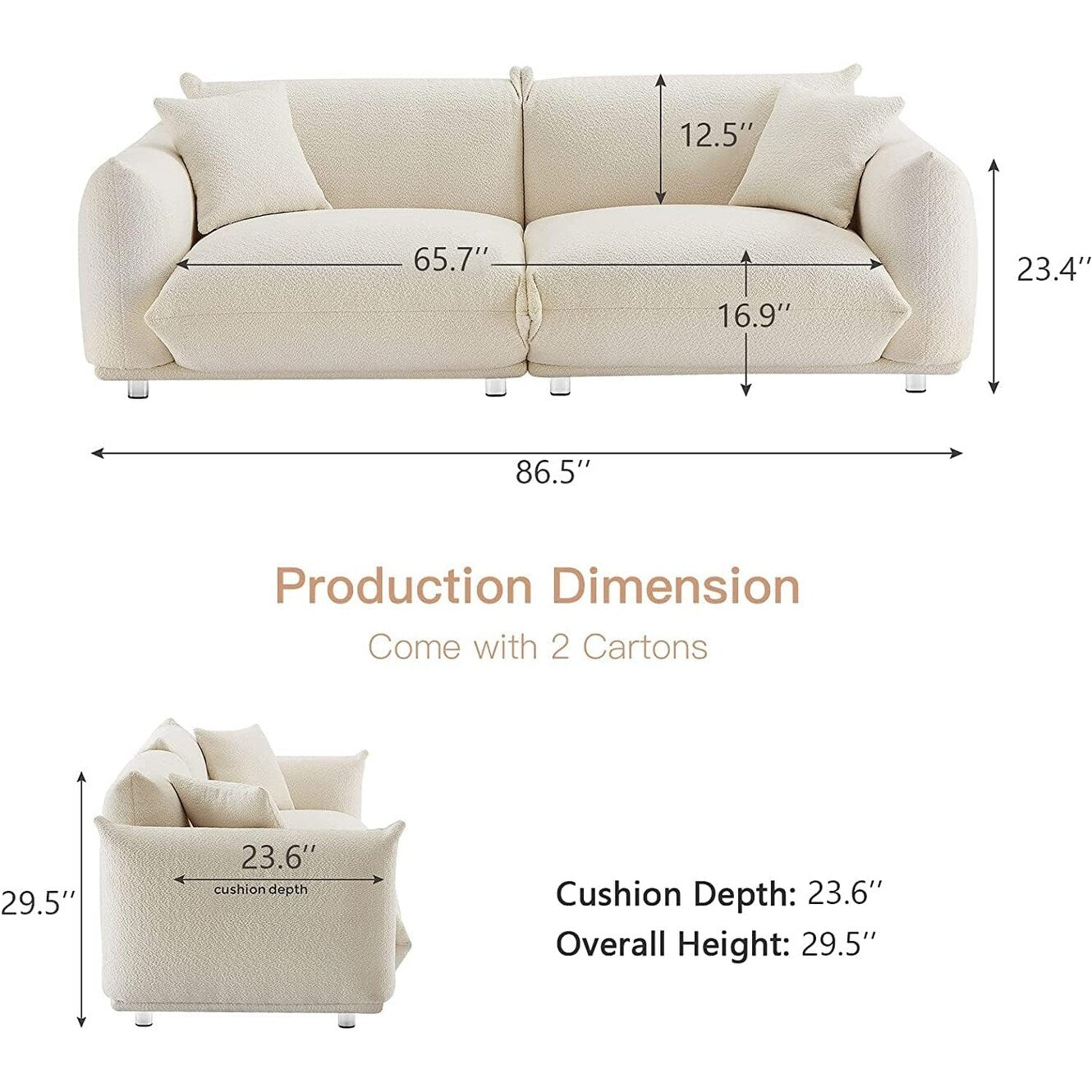 Weißes 87-Zoll-Übergrößen-Sofa mit Metallrahmen, 2 Kissen und strapazierfähiger Polsterung