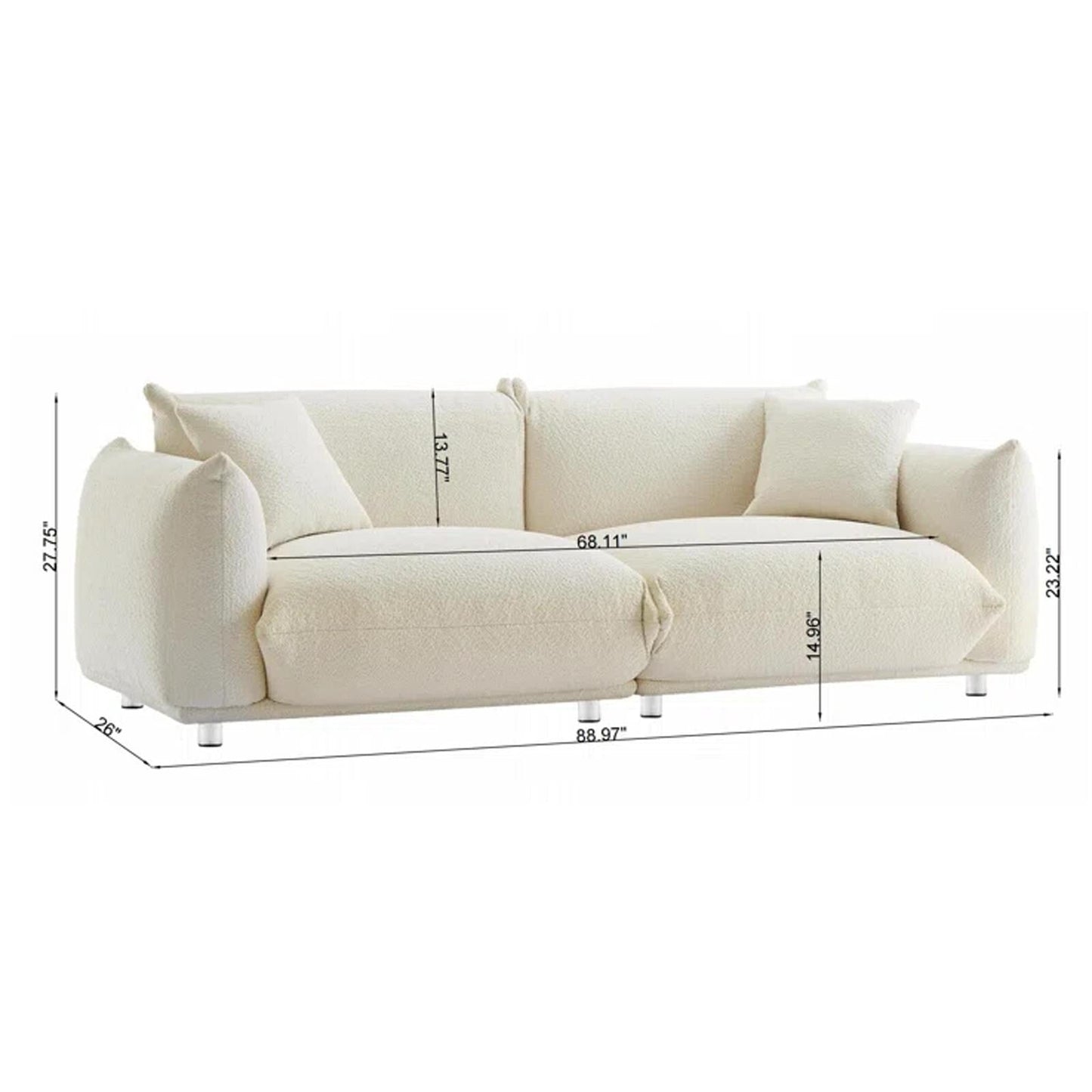 Weißes 87-Zoll-Übergrößen-Sofa mit Metallrahmen, 2 Kissen und strapazierfähiger Polsterung